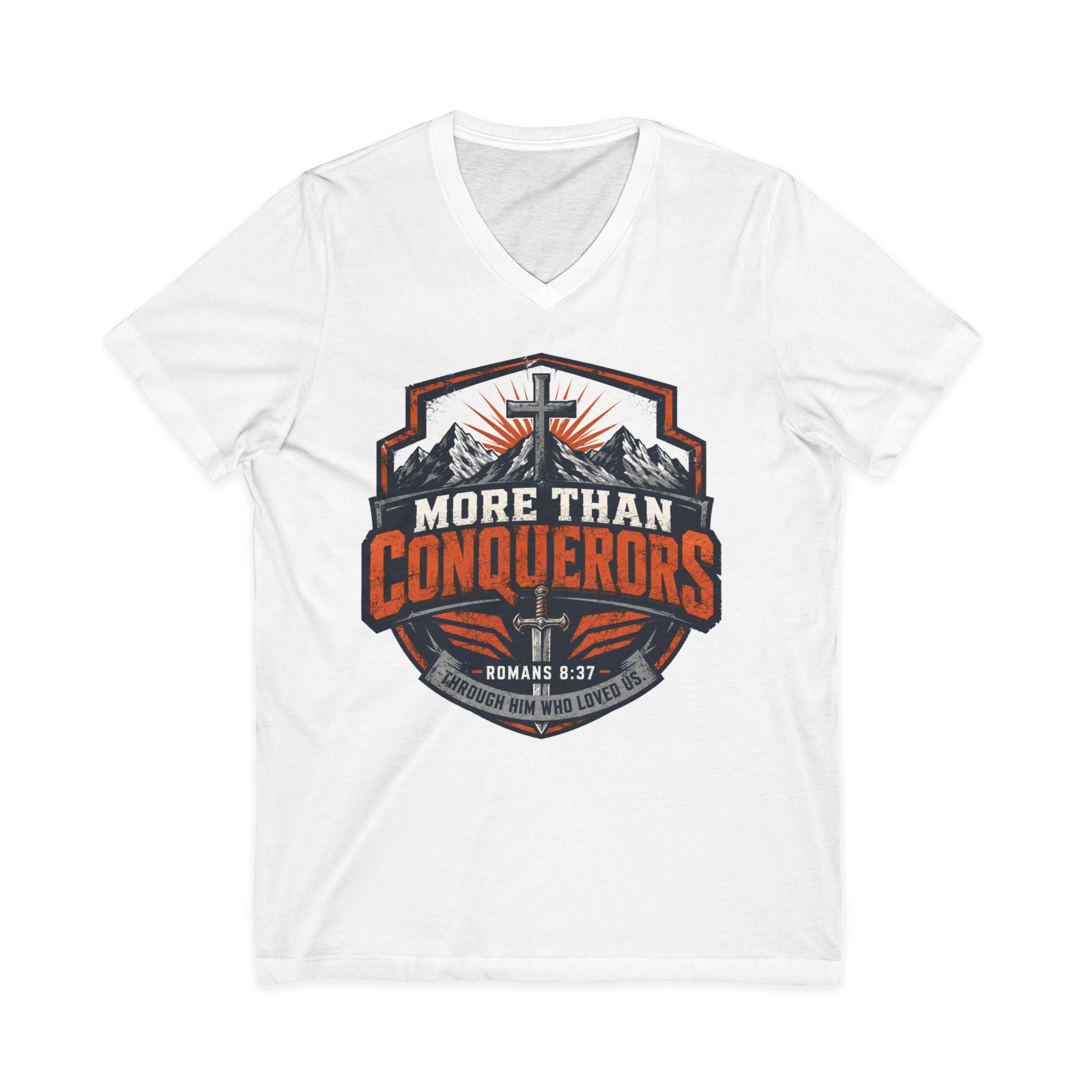 More Than Conquerors V-Neck Tee — Christian Faith Graphic Shirt (Romans 8:37)