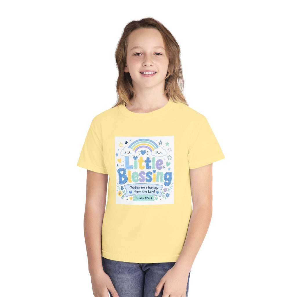 Youth Tee - "Little Blessing" Kids Shirt with Rainbow & Psalm 127:3 Design