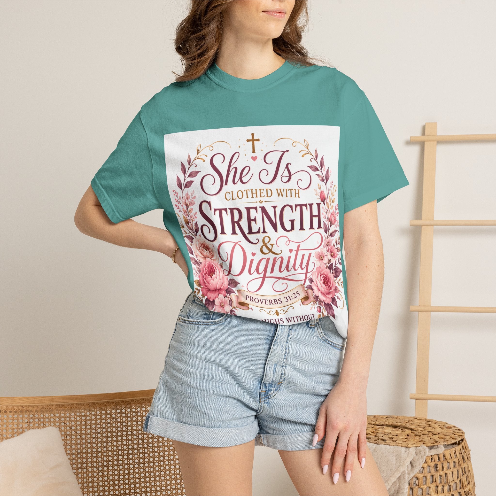 She Is Clothed With Strength & Dignity T-Shirt — Proverbs 31 Floral Christian Tee