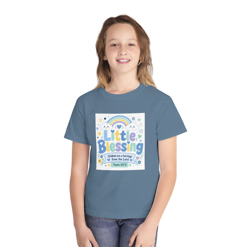 Youth Tee - "Little Blessing" Kids Shirt with Rainbow & Psalm 127:3 Design