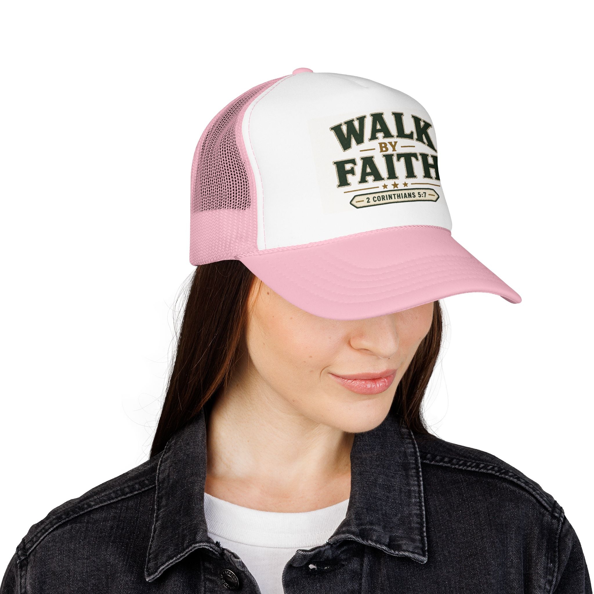 Walk By Faith Foam Trucker Hat — 2 Corinthians 5:7 Christian Cap