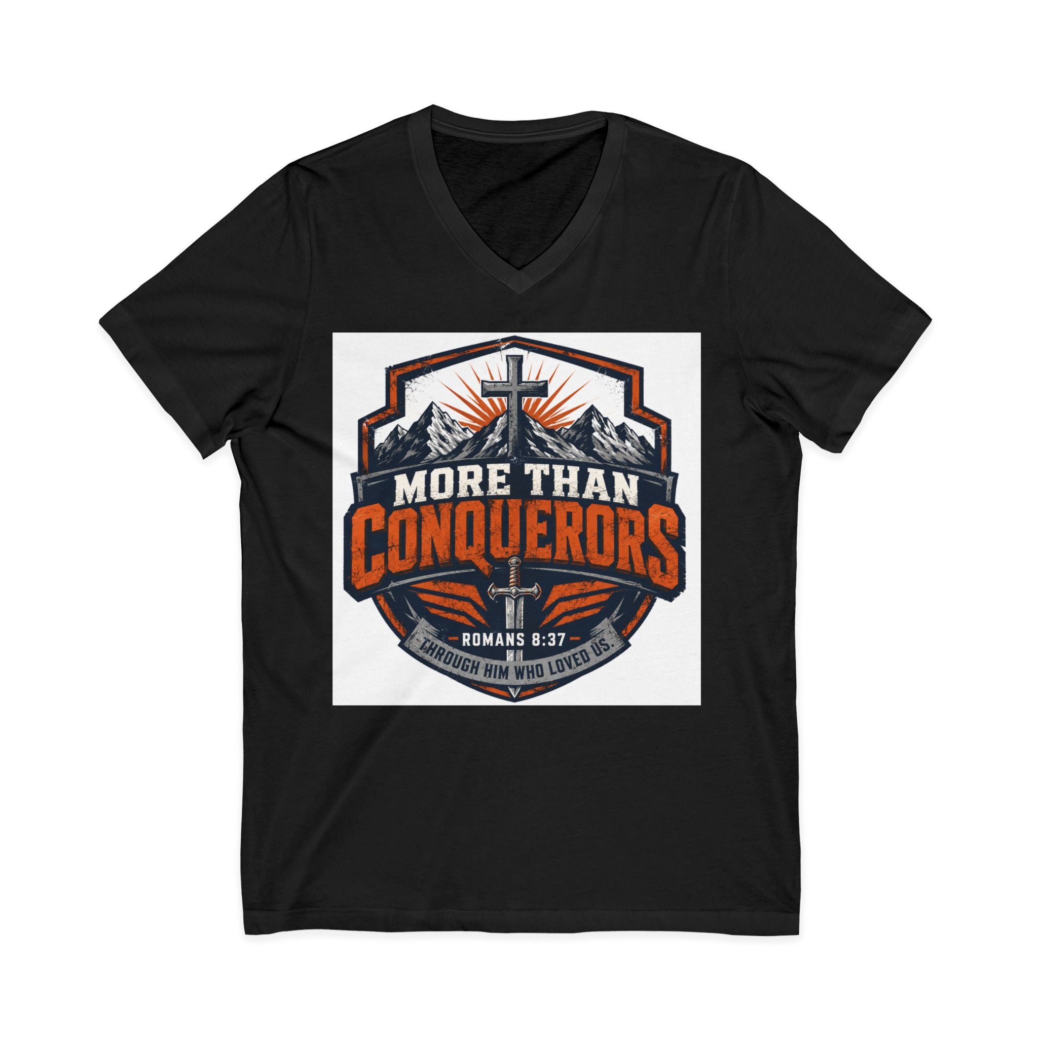More Than Conquerors V-Neck Tee — Christian Faith Graphic Shirt (Romans 8:37)