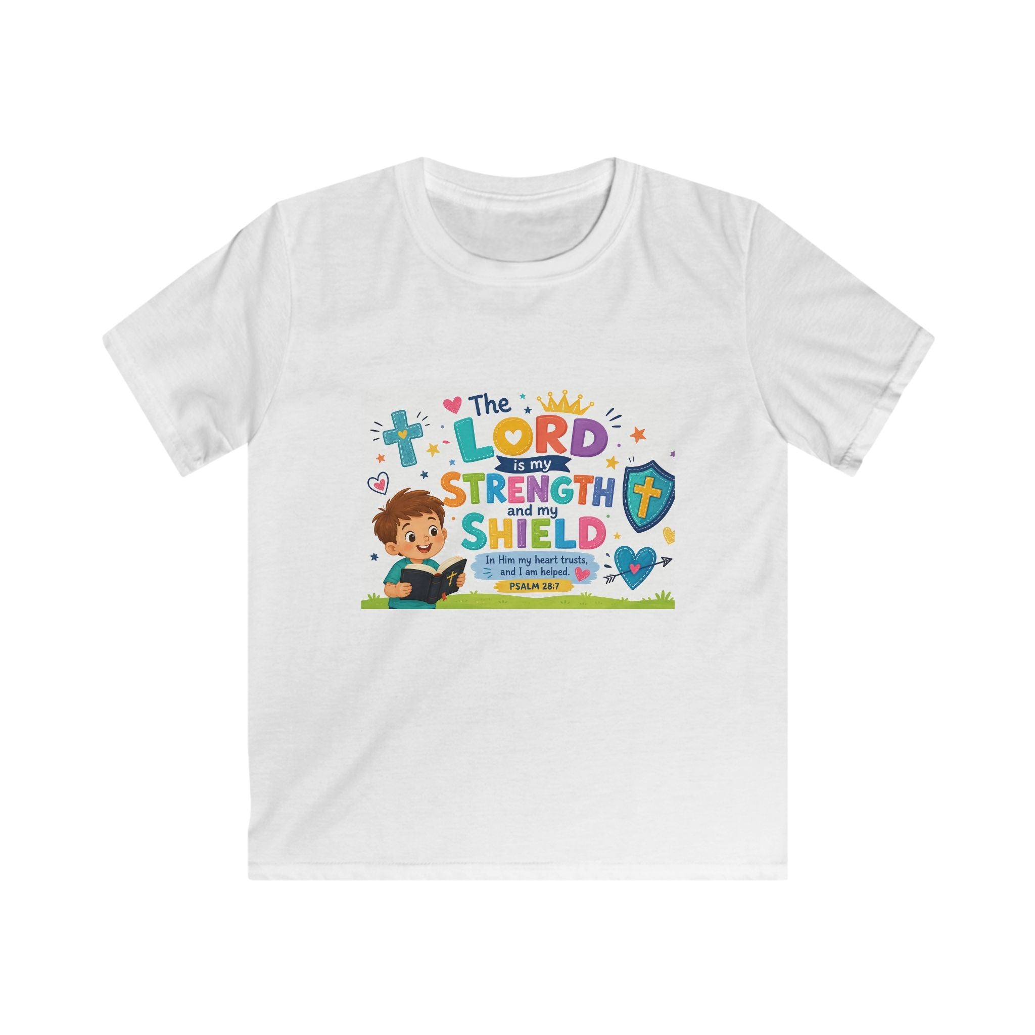 Kids Tee — "The LORD is My Strength and Shield" Christian Bible Verse Shirt