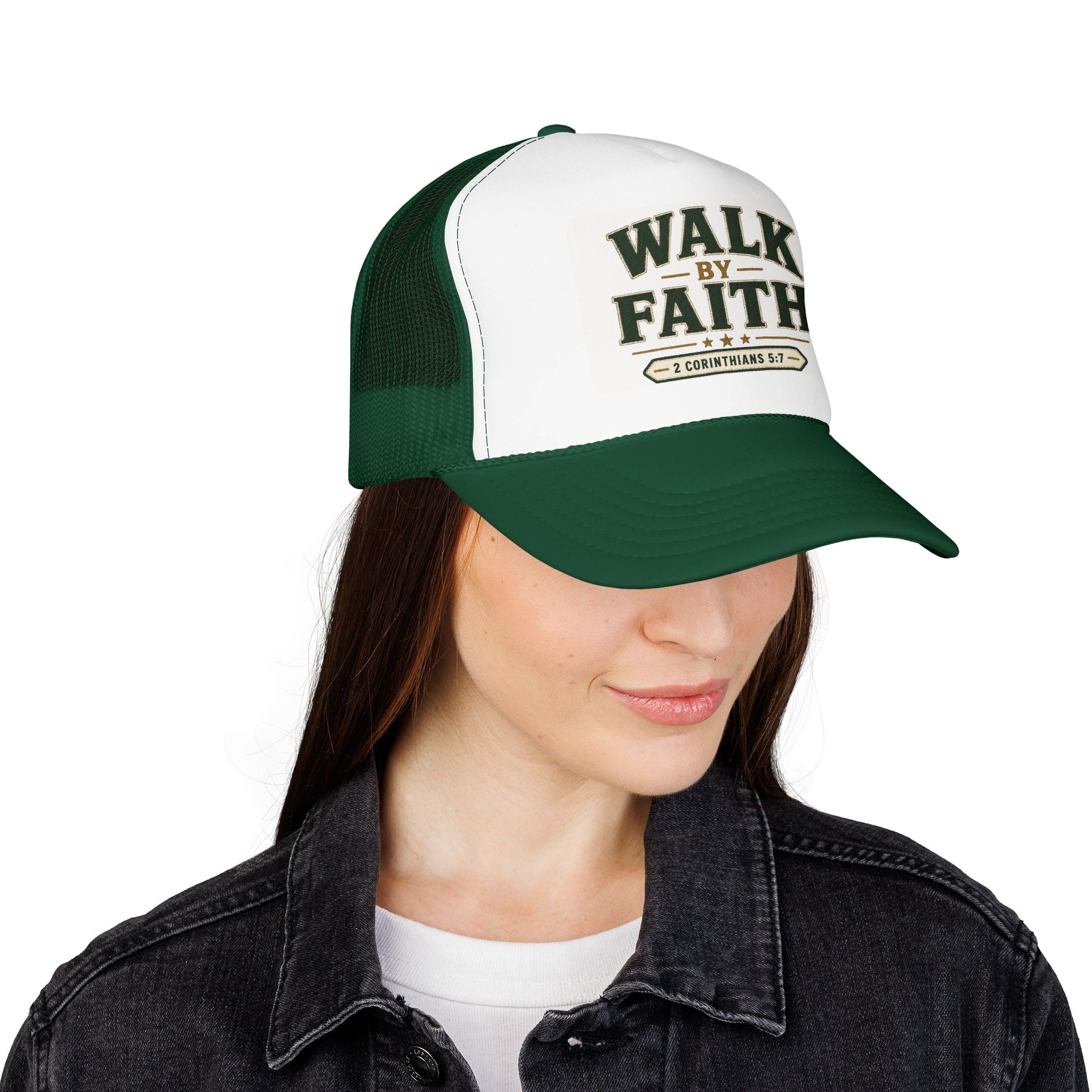 Walk By Faith Foam Trucker Hat — 2 Corinthians 5:7 Christian Cap