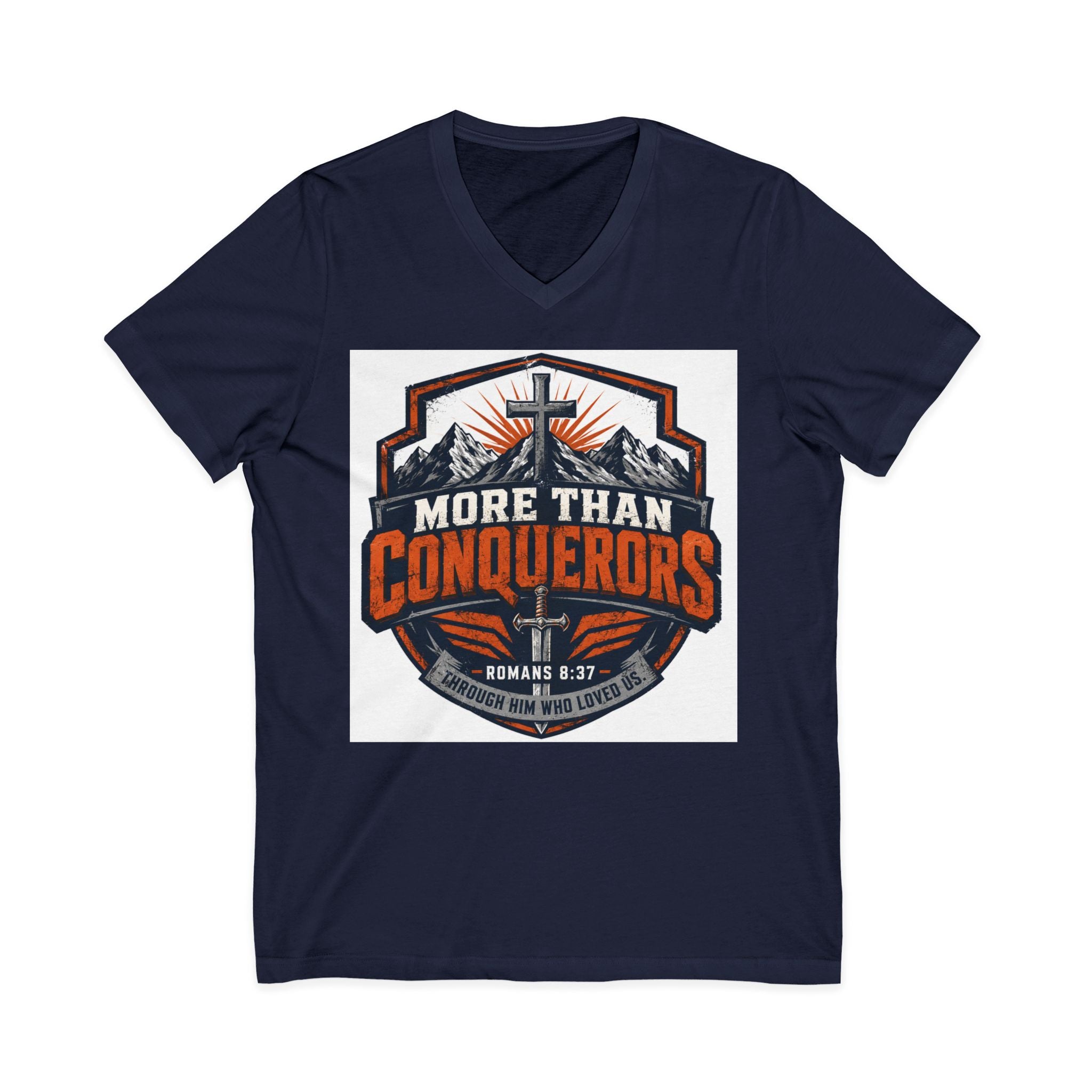 More Than Conquerors V-Neck Tee — Christian Faith Graphic Shirt (Romans 8:37)