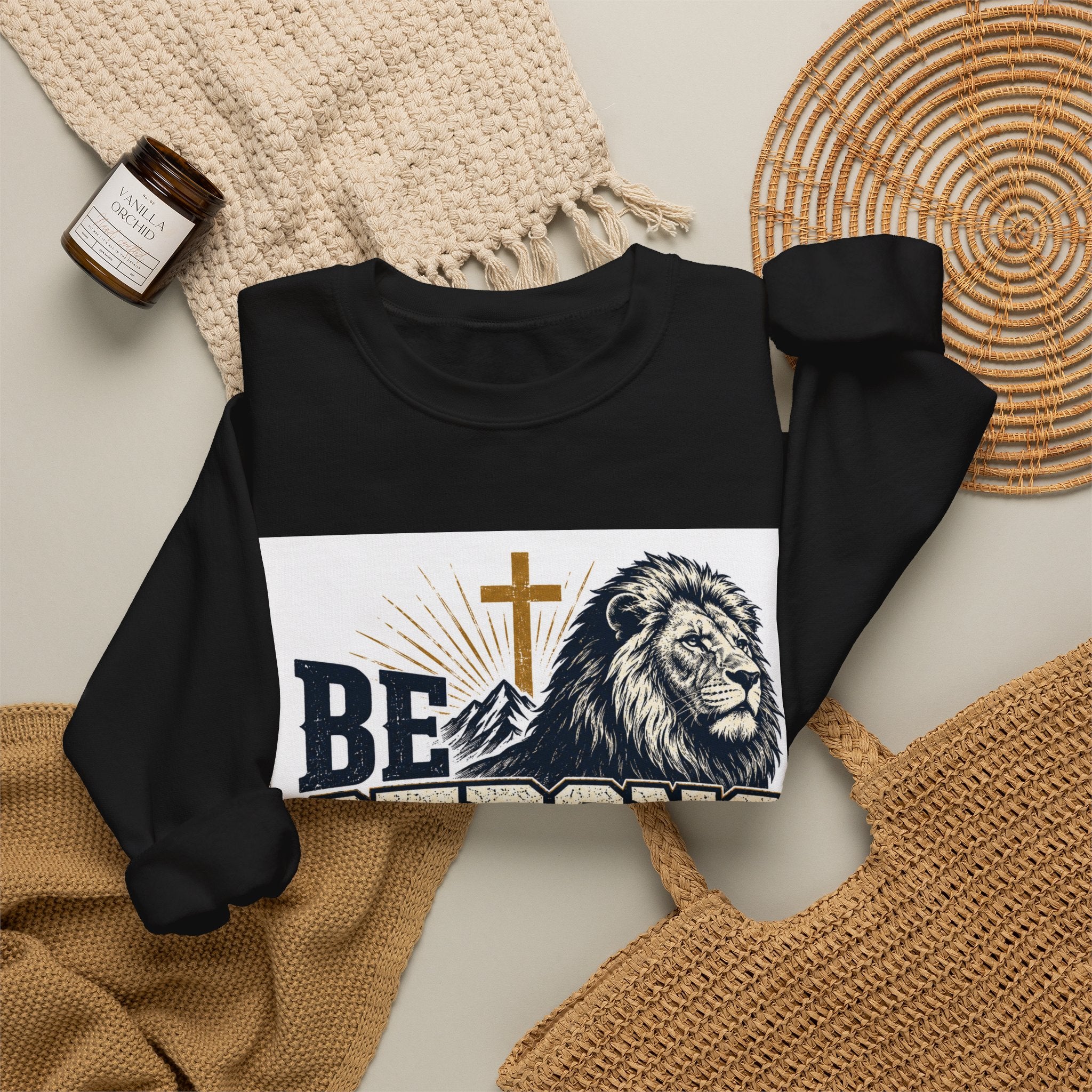 Be Strong and Courageous Crewneck Sweatshirt — Joshua 1:9 Lion & Cross Christian Pullover