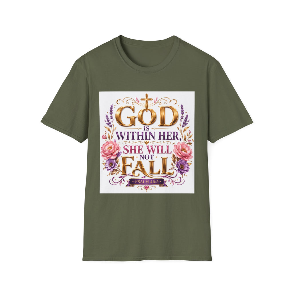Faithful Floral T‑Shirt — "God Is Within Her, She Will Not Fall" Inspirational Christian Tee