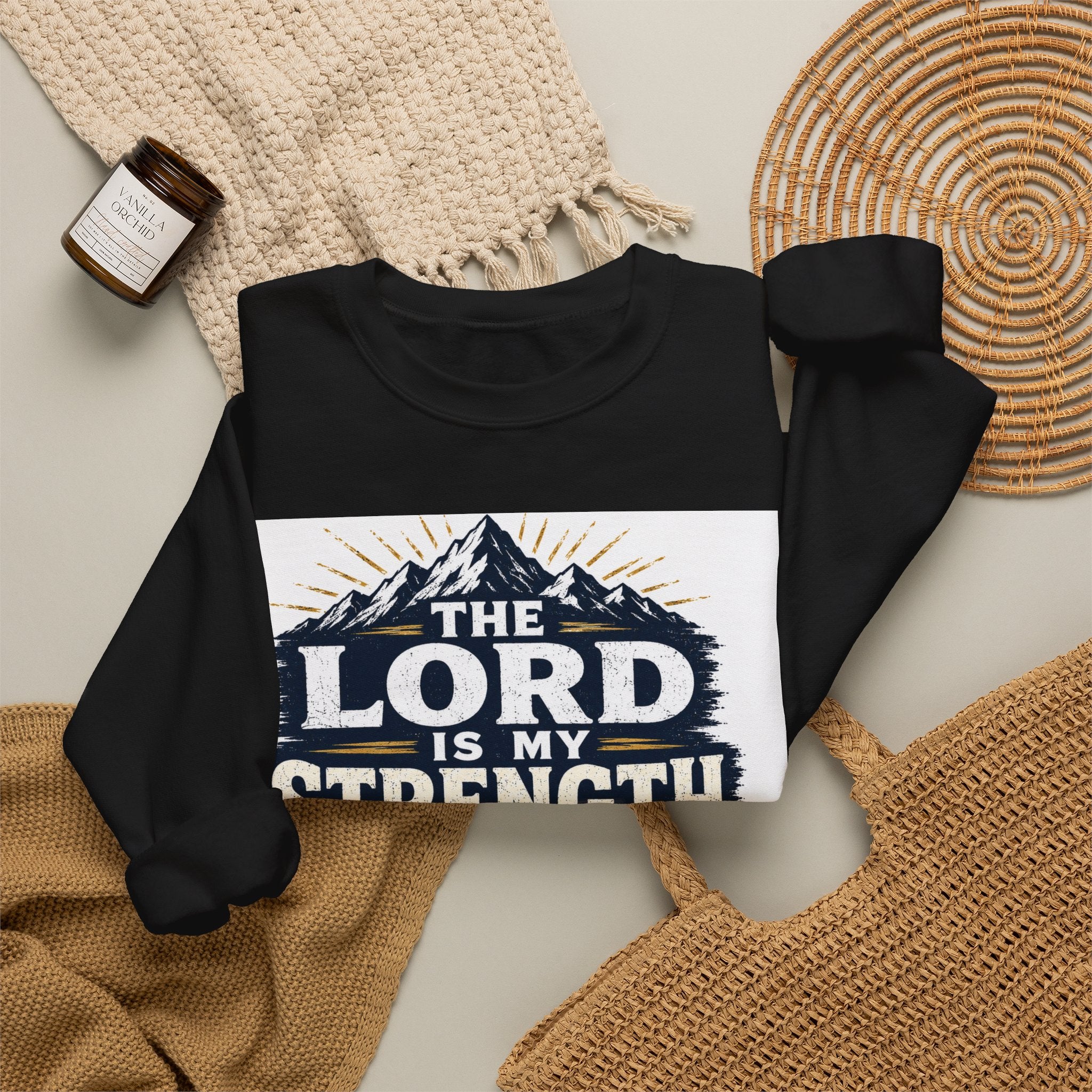 Crewneck Sweatshirt — "The Lord Is My Strength and My Shield" Psalm 28:7 Christian Pullover