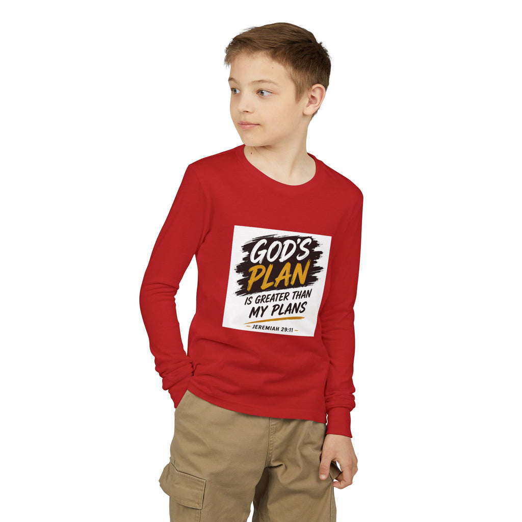 God's Plan Youth Long Sleeve Tee — "God's Plan Is Greater Than My Plans" Christian Kids Shirt