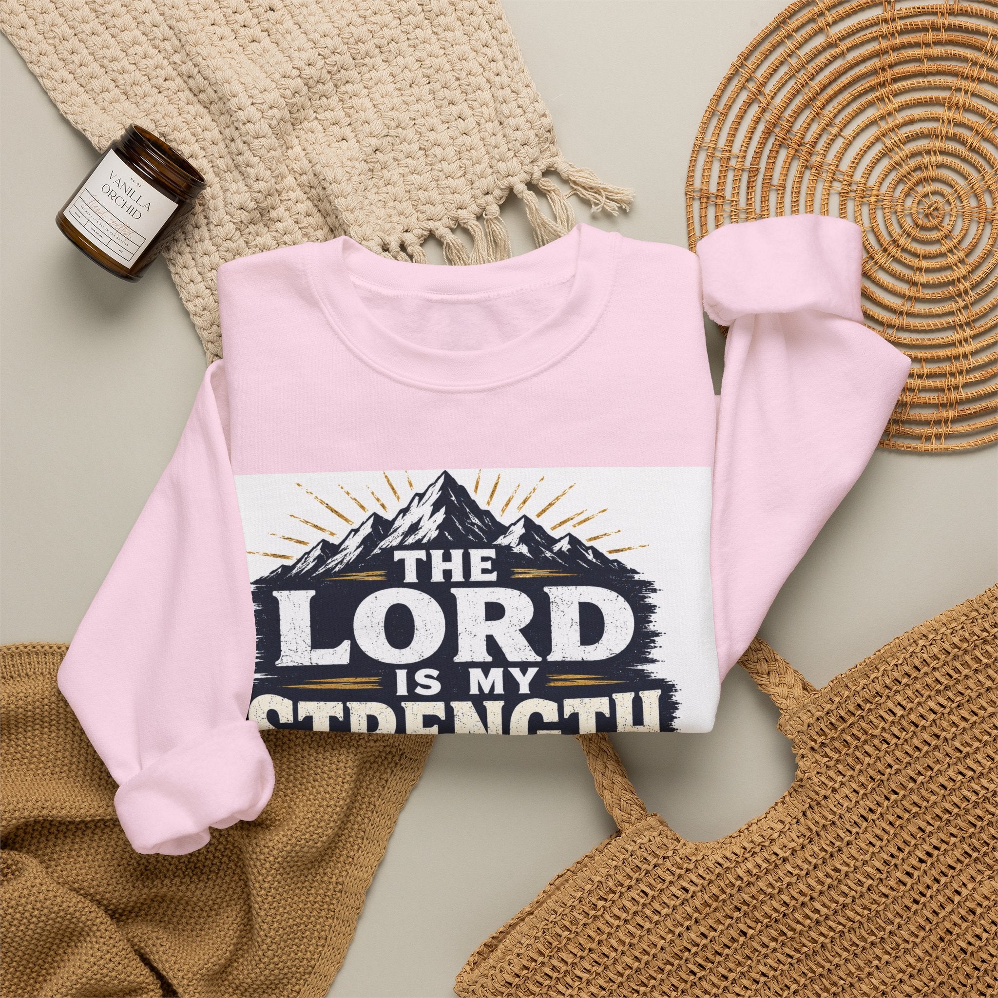 Crewneck Sweatshirt — "The Lord Is My Strength and My Shield" Psalm 28:7 Christian Pullover