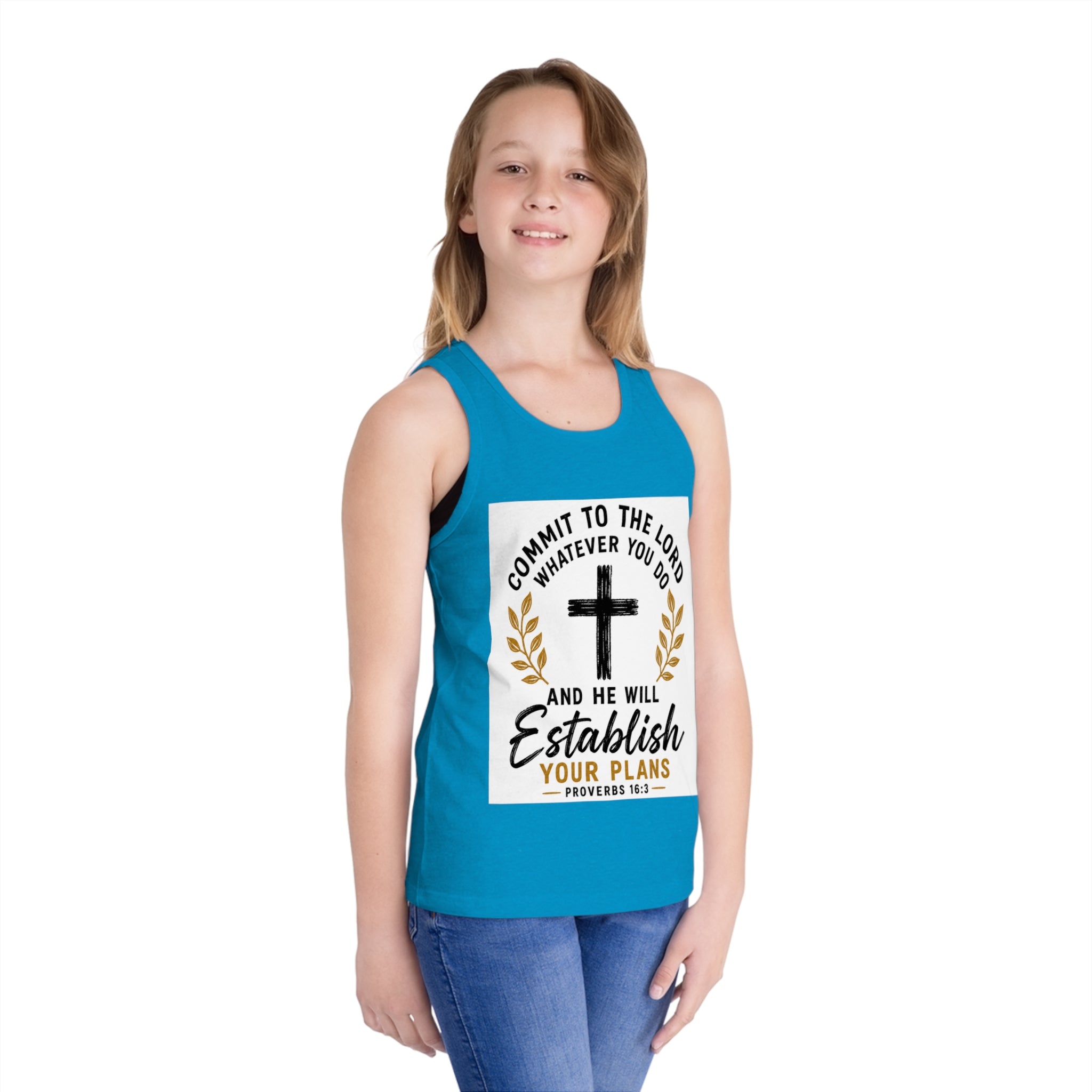 Kids Faith Tank Top - "Commit to the Lord" Proverbs 16:3 Cross Design
