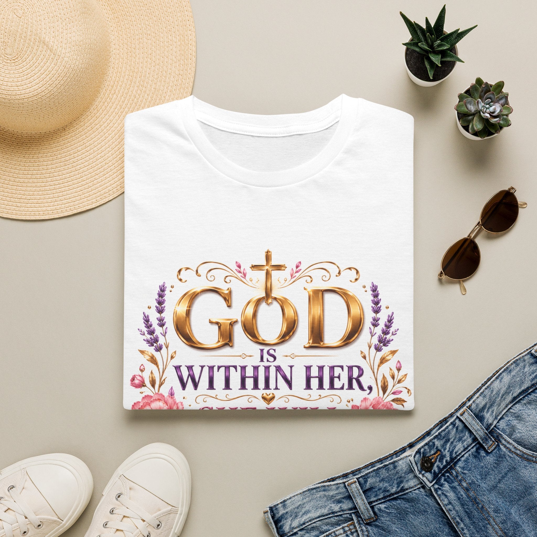 Faithful Floral T‑Shirt — "God Is Within Her, She Will Not Fall" Inspirational Christian Tee