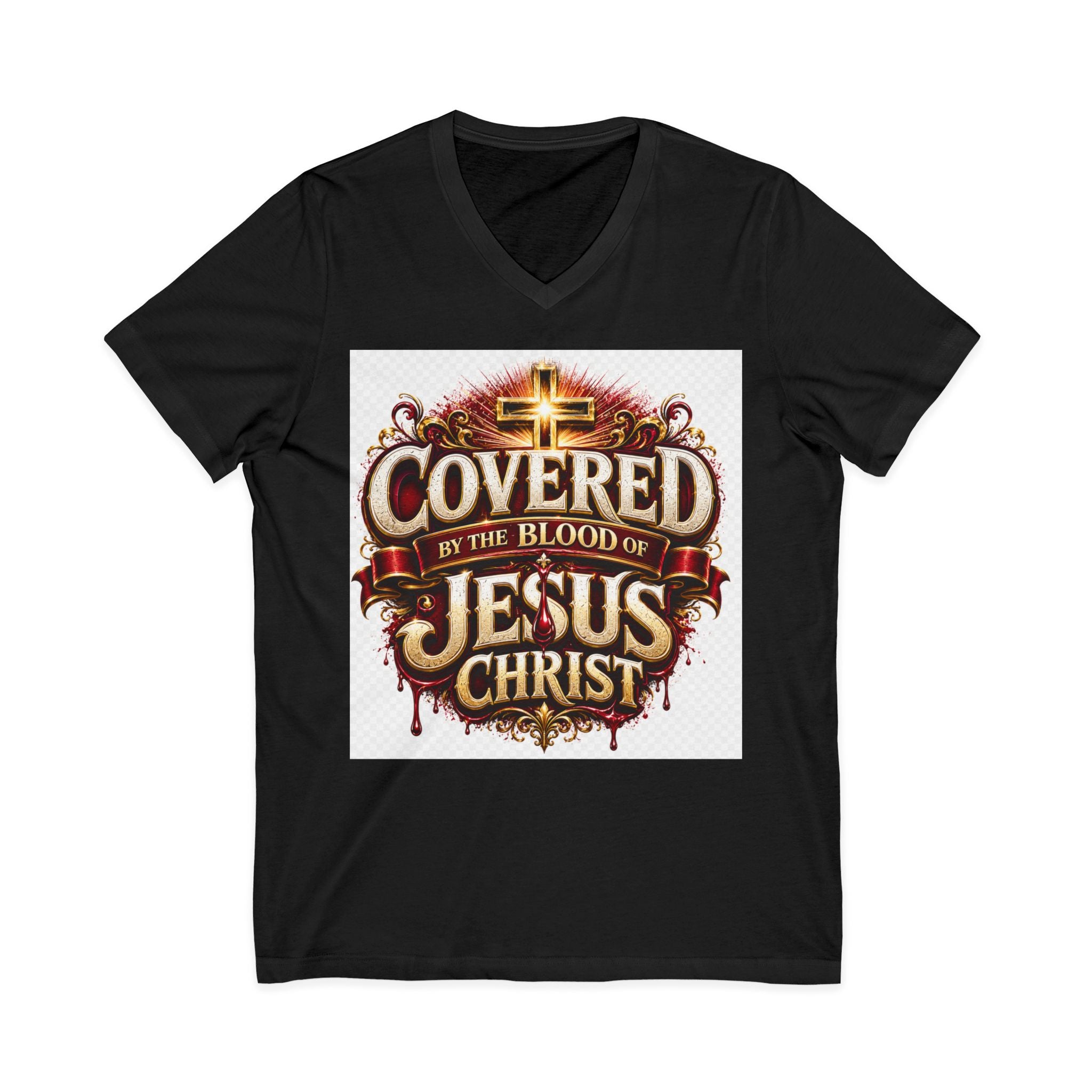 Covered by the Blood of Jesus T-Shirt — Christian Faith V-Neck Tee