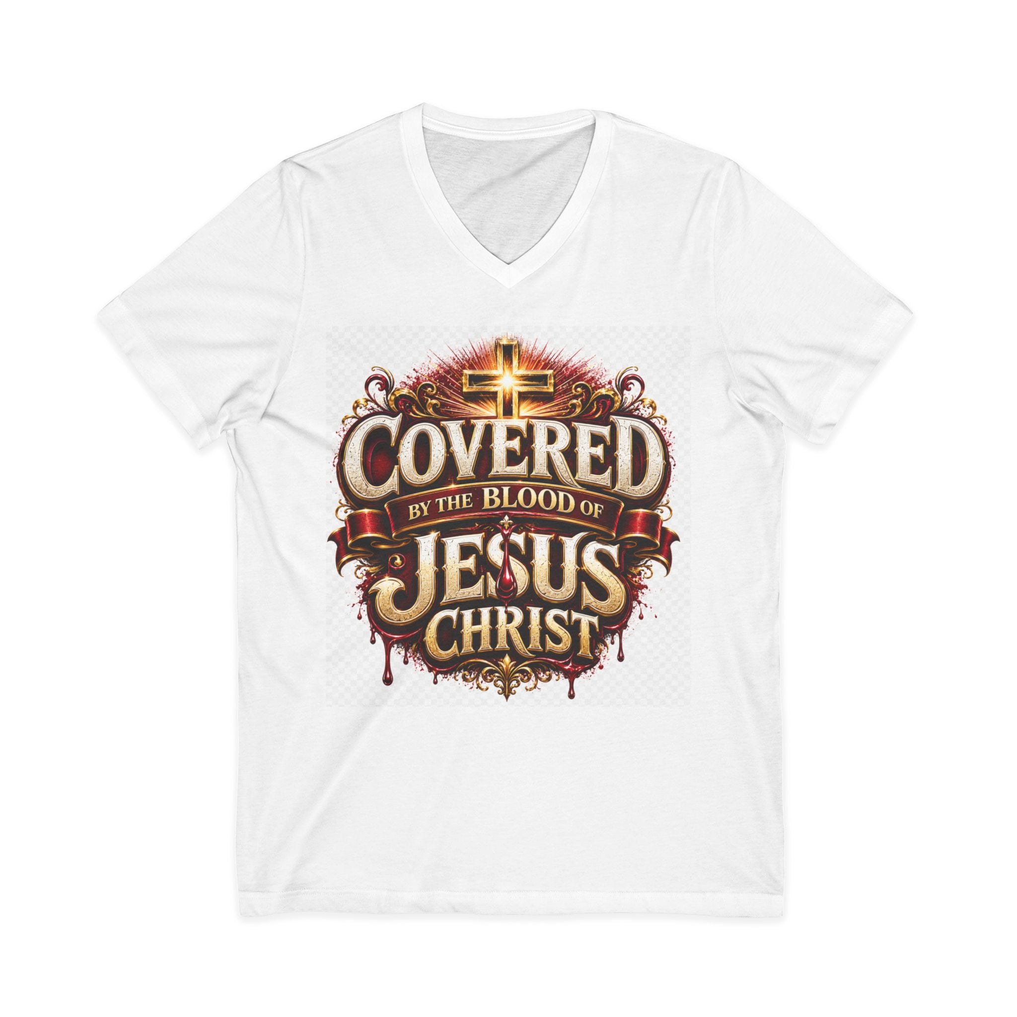 Covered by the Blood of Jesus T-Shirt — Christian Faith V-Neck Tee