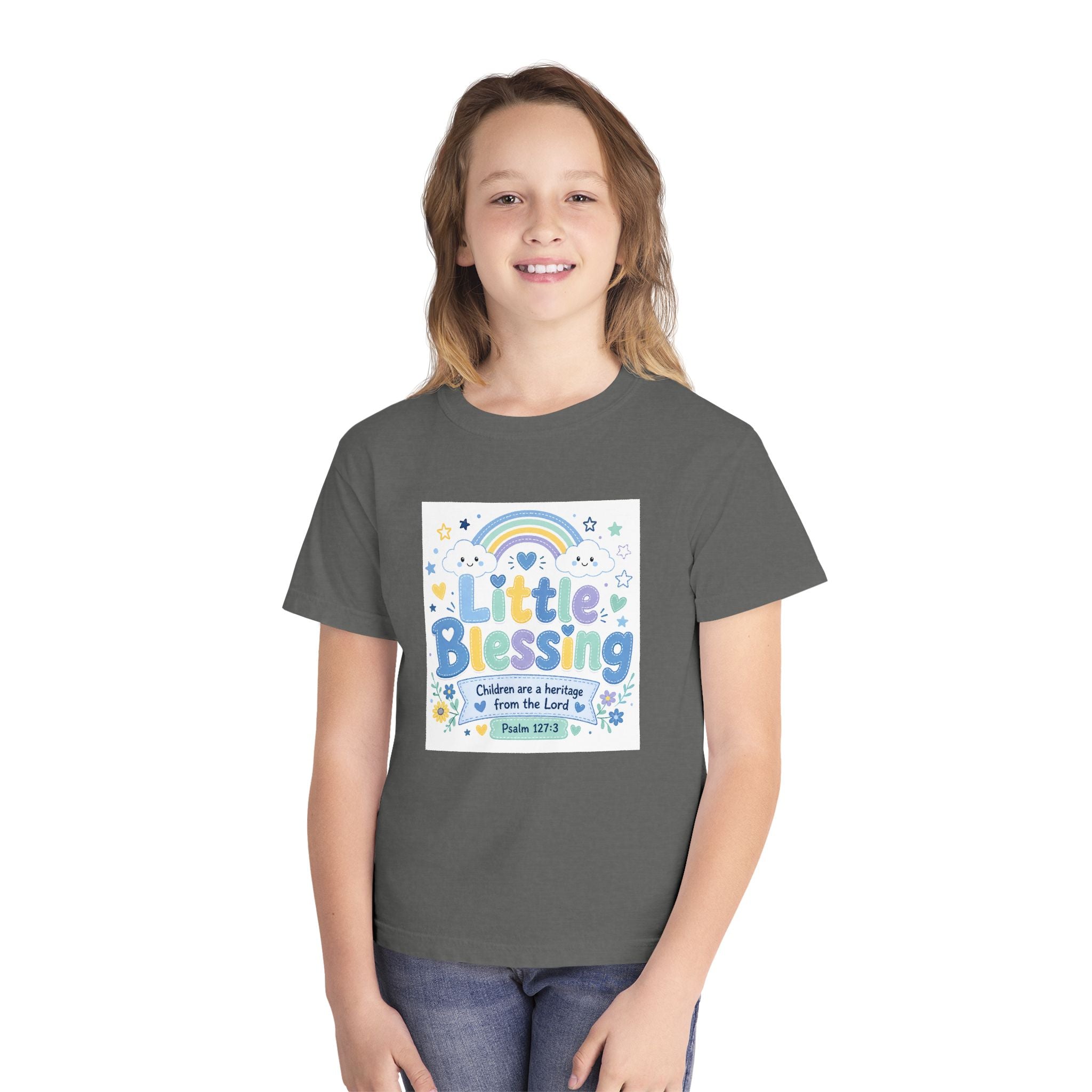 Youth Tee - "Little Blessing" Kids Shirt with Rainbow & Psalm 127:3 Design