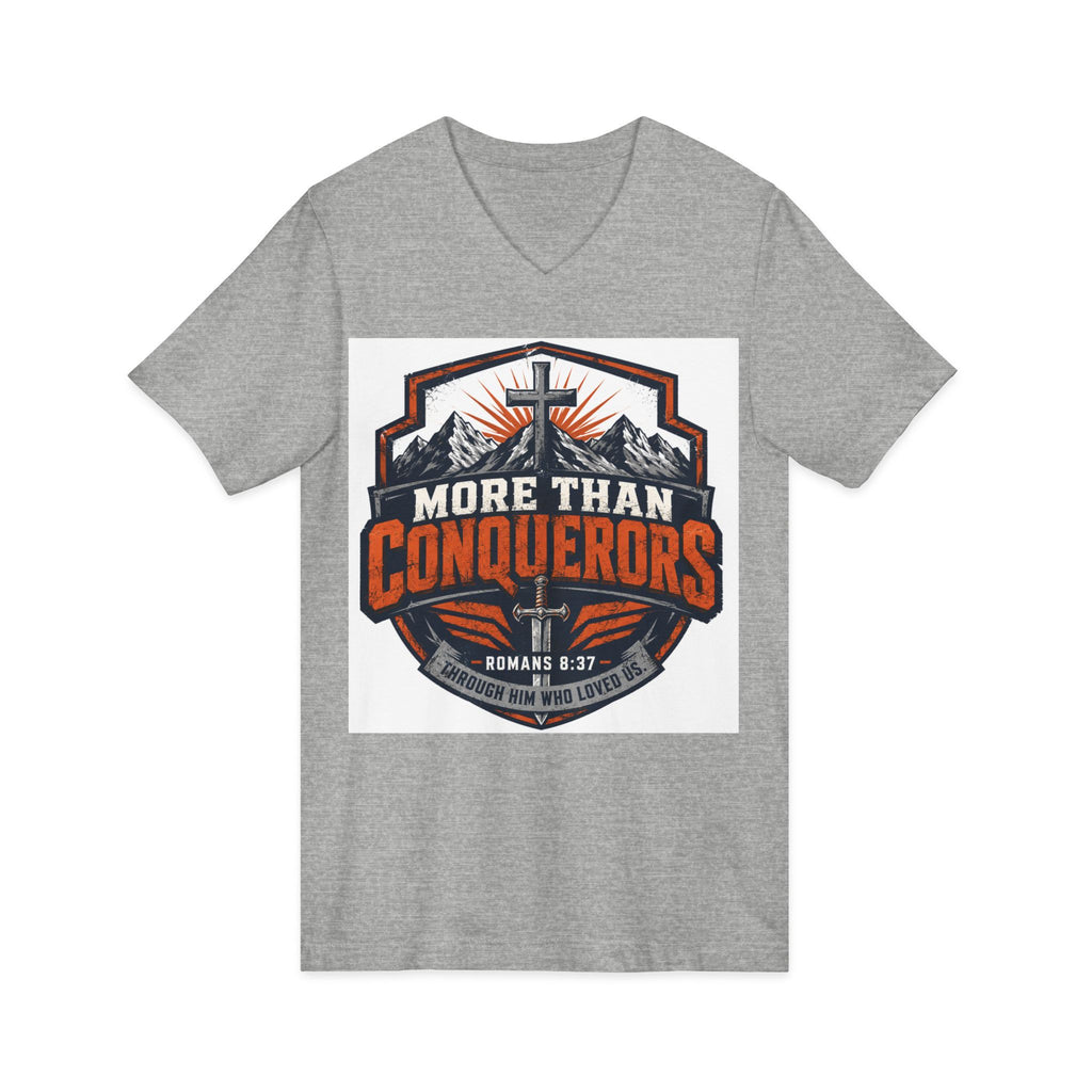 More Than Conquerors V-Neck Tee — Christian Faith Graphic Shirt (Romans 8:37)