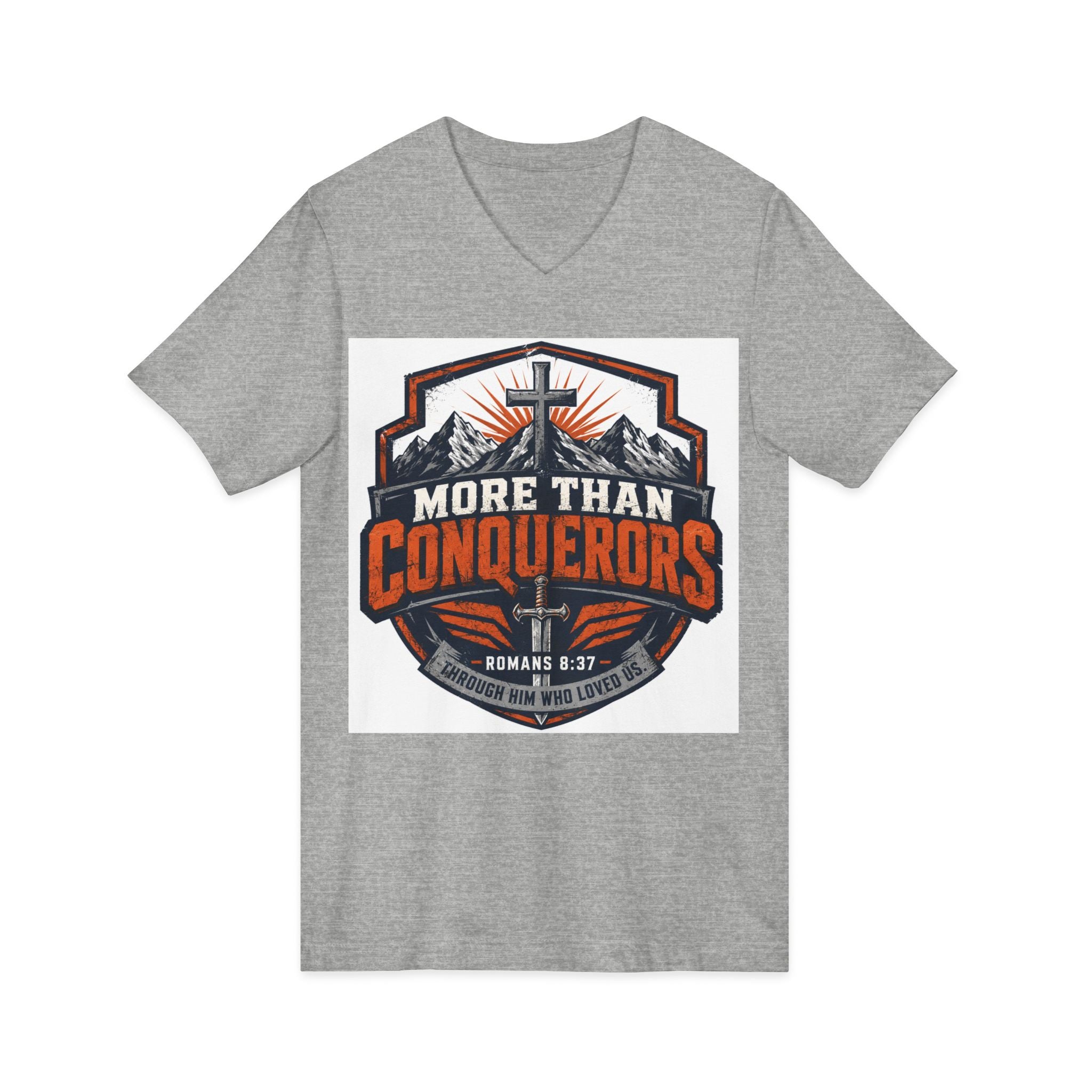 More Than Conquerors V-Neck Tee — Christian Faith Graphic Shirt (Romans 8:37)