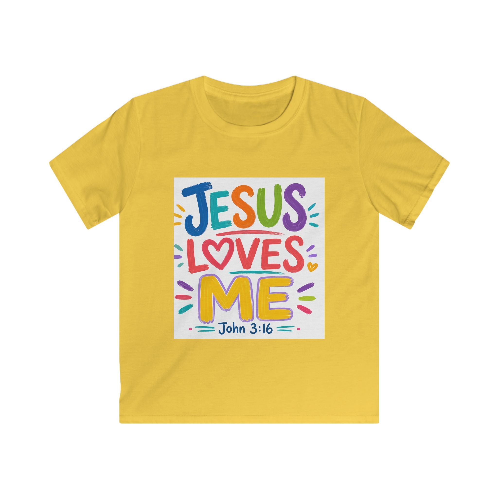 Kids Tee — "Jesus Loves Me" Colorful Scripture T‑Shirt (John 3:16)