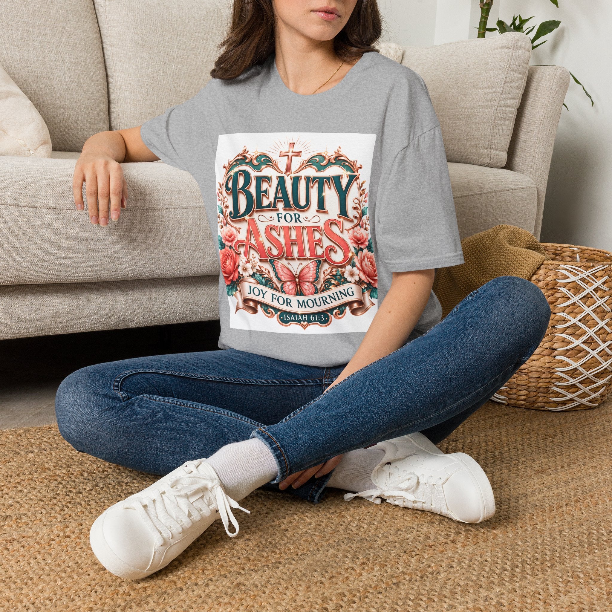 Beauty for Ashes T-Shirt — Christian Faith Floral Tee (Joy for Mourning)