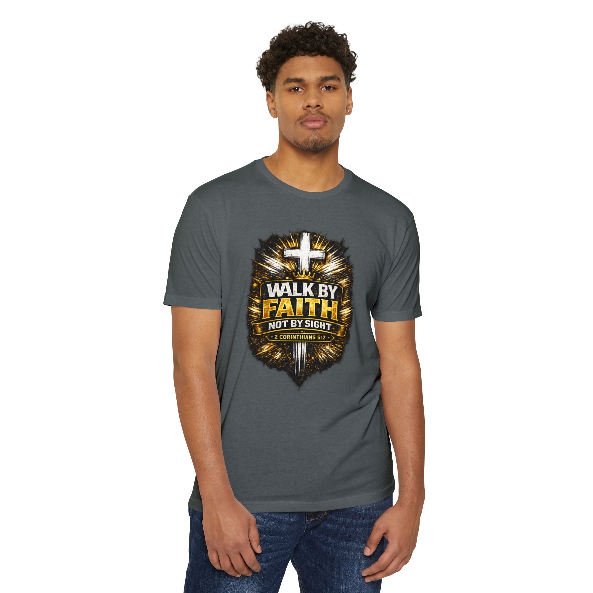Walk By Faith T-Shirt — Christian Cross Scripture Tee (2 Corinthians 5:7)