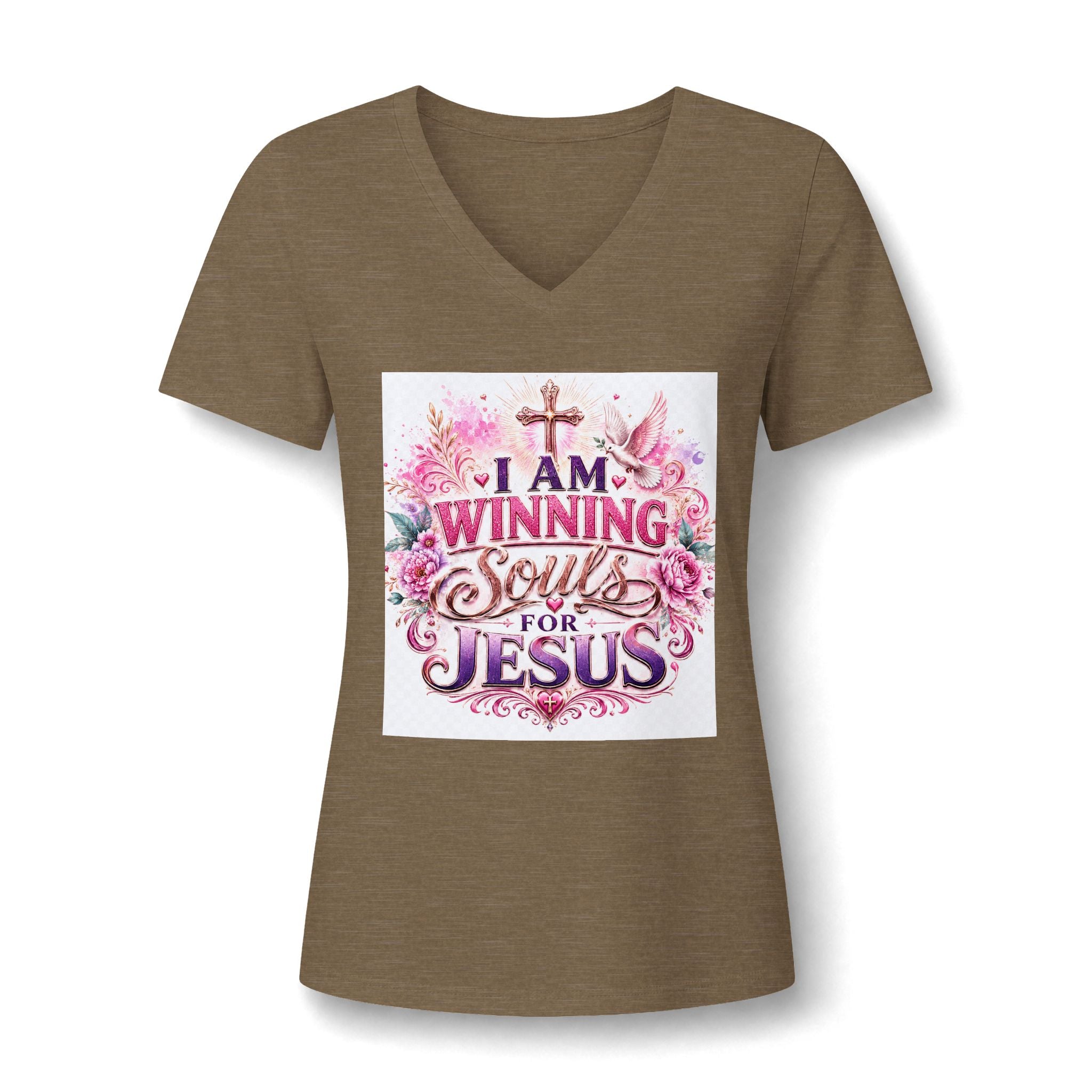 Christian V-Neck Tee — "I Am Winning Souls for Jesus" Floral Design