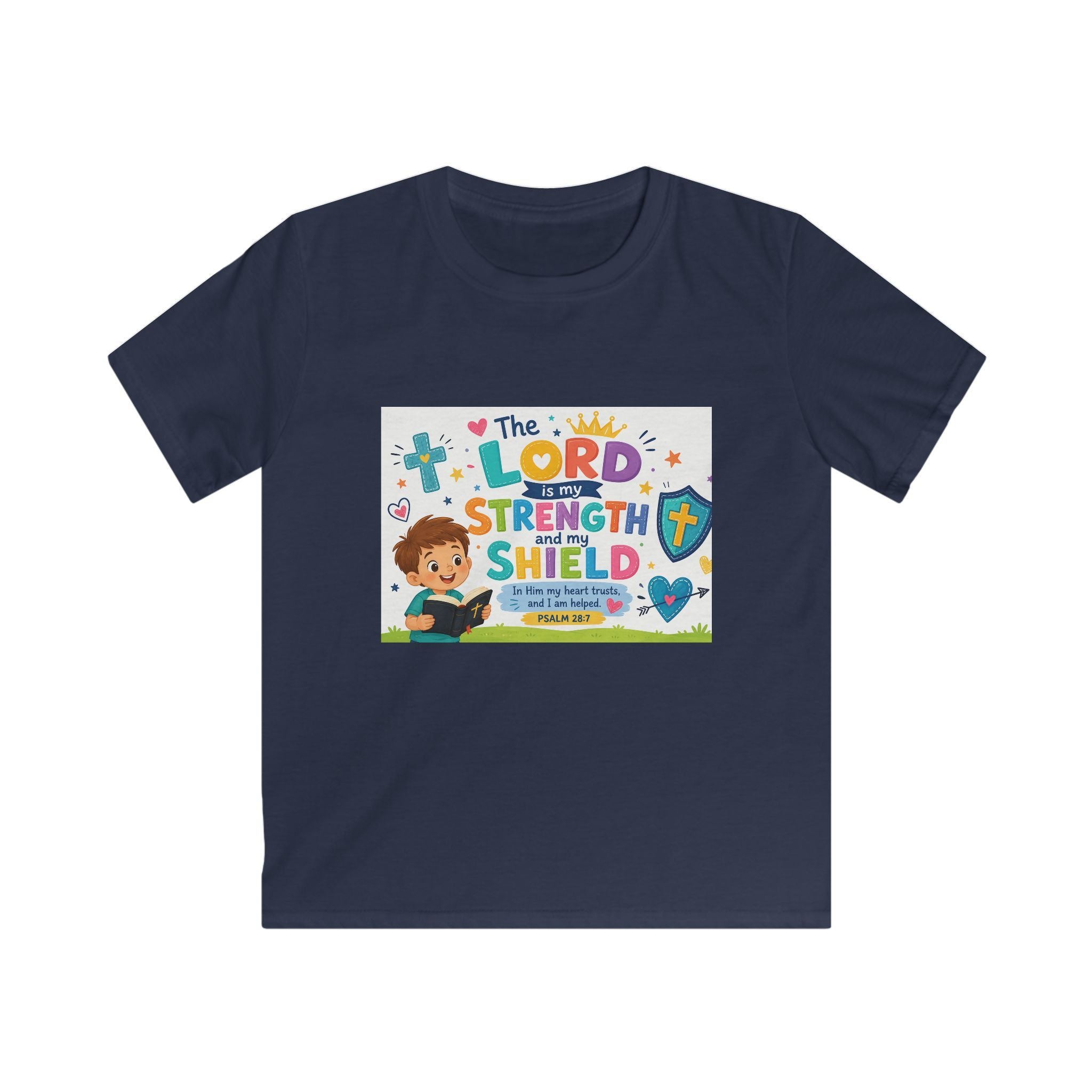 Kids Tee — "The LORD is My Strength and Shield" Christian Bible Verse Shirt