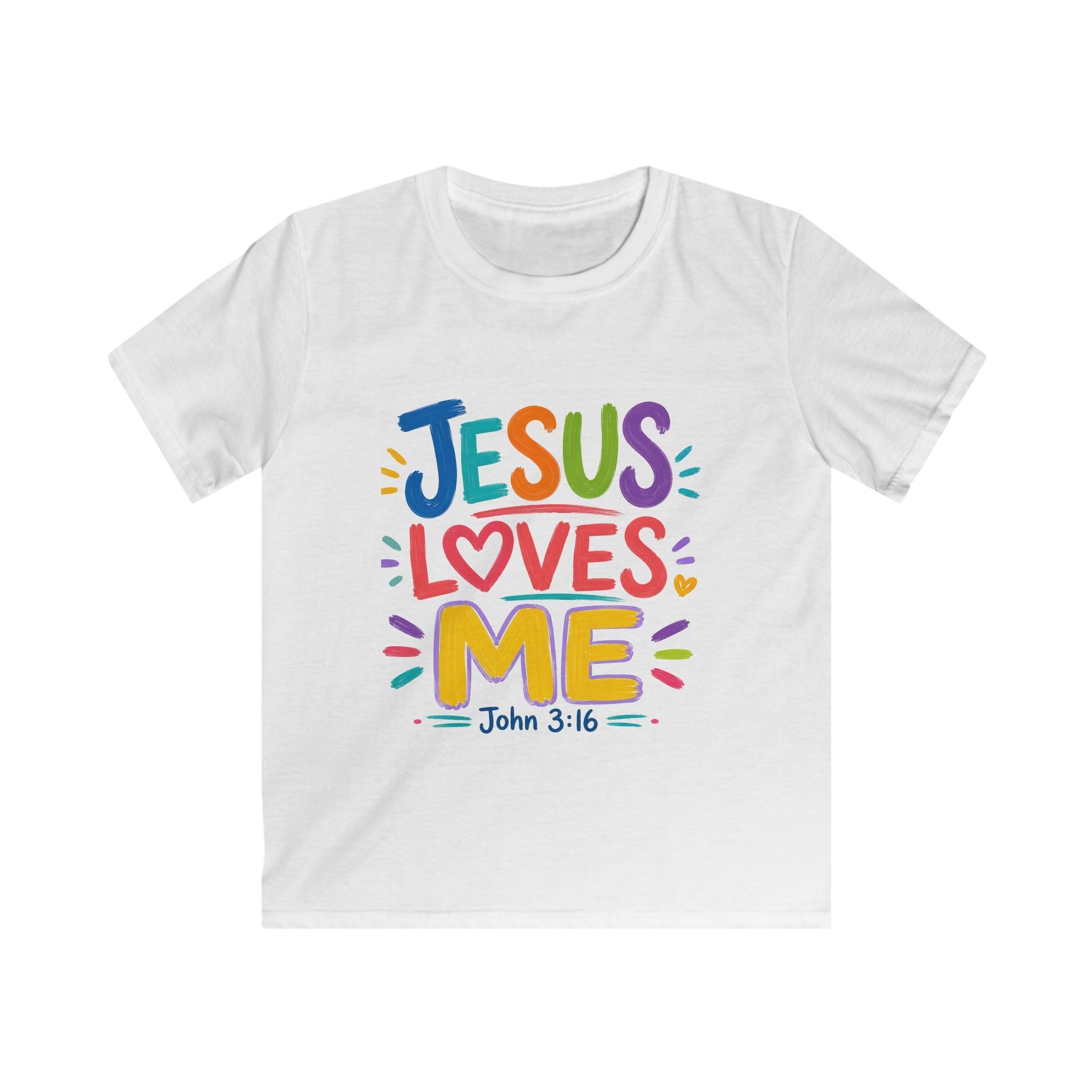 Kids Tee — "Jesus Loves Me" Colorful Scripture T‑Shirt (John 3:16)