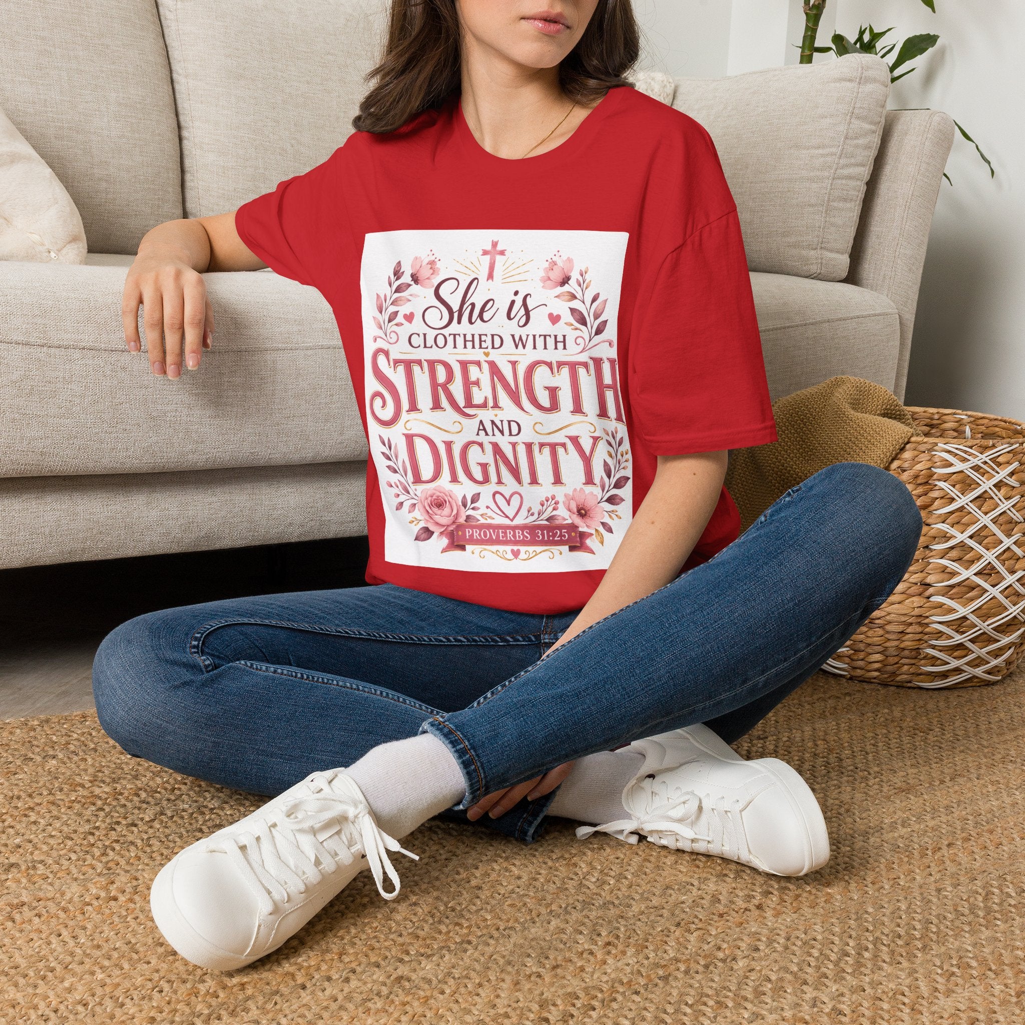 T-Shirt — "She Is Clothed With Strength and Dignity" Christian Floral Inspirational Tee