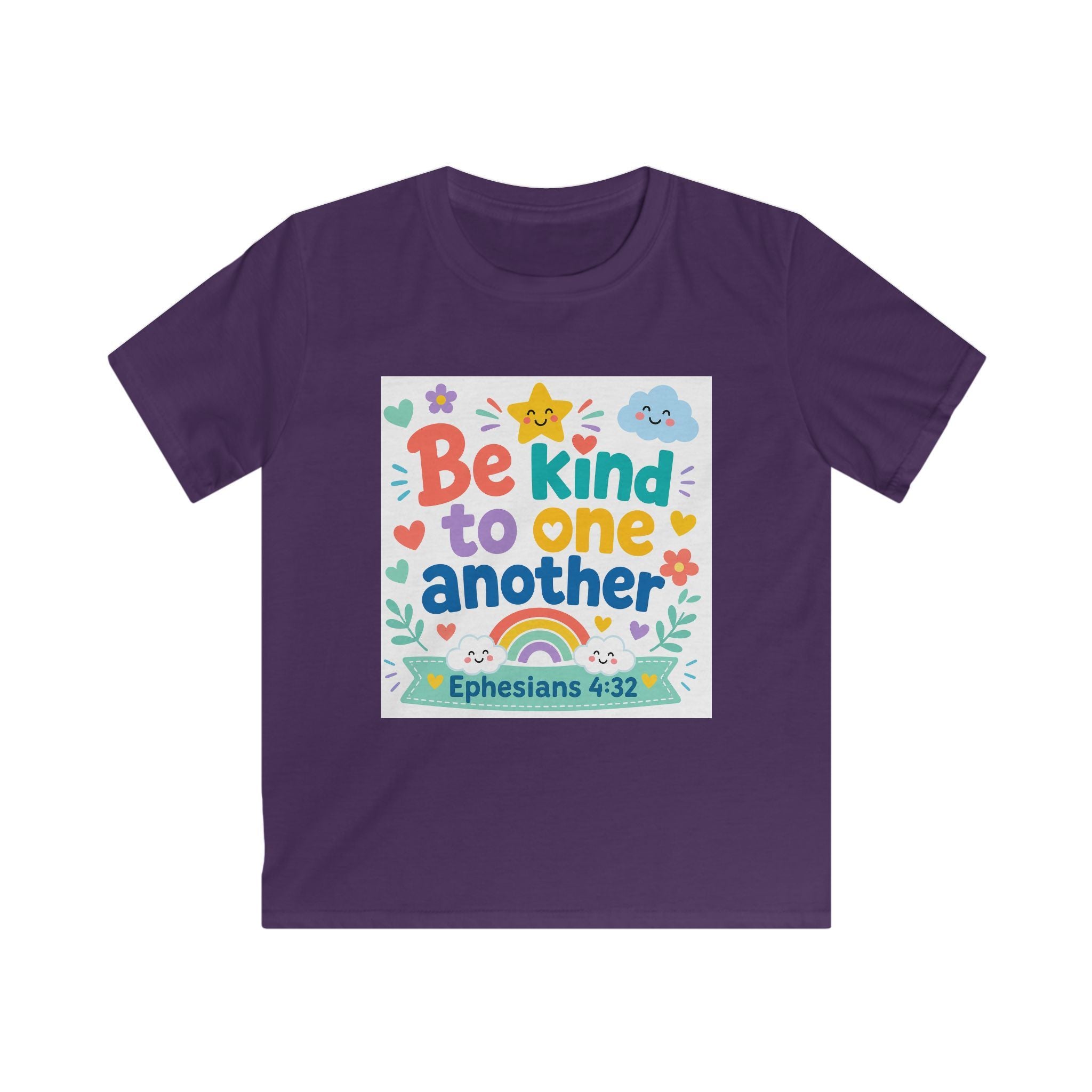 Kids Tee — “Be Kind to One Another” Ephesians 4:32 Christian Rainbow Shirt
