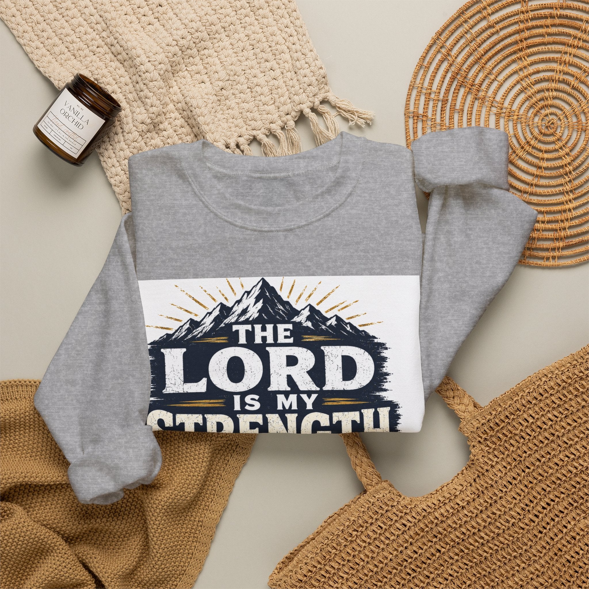 Crewneck Sweatshirt — "The Lord Is My Strength and My Shield" Psalm 28:7 Christian Pullover