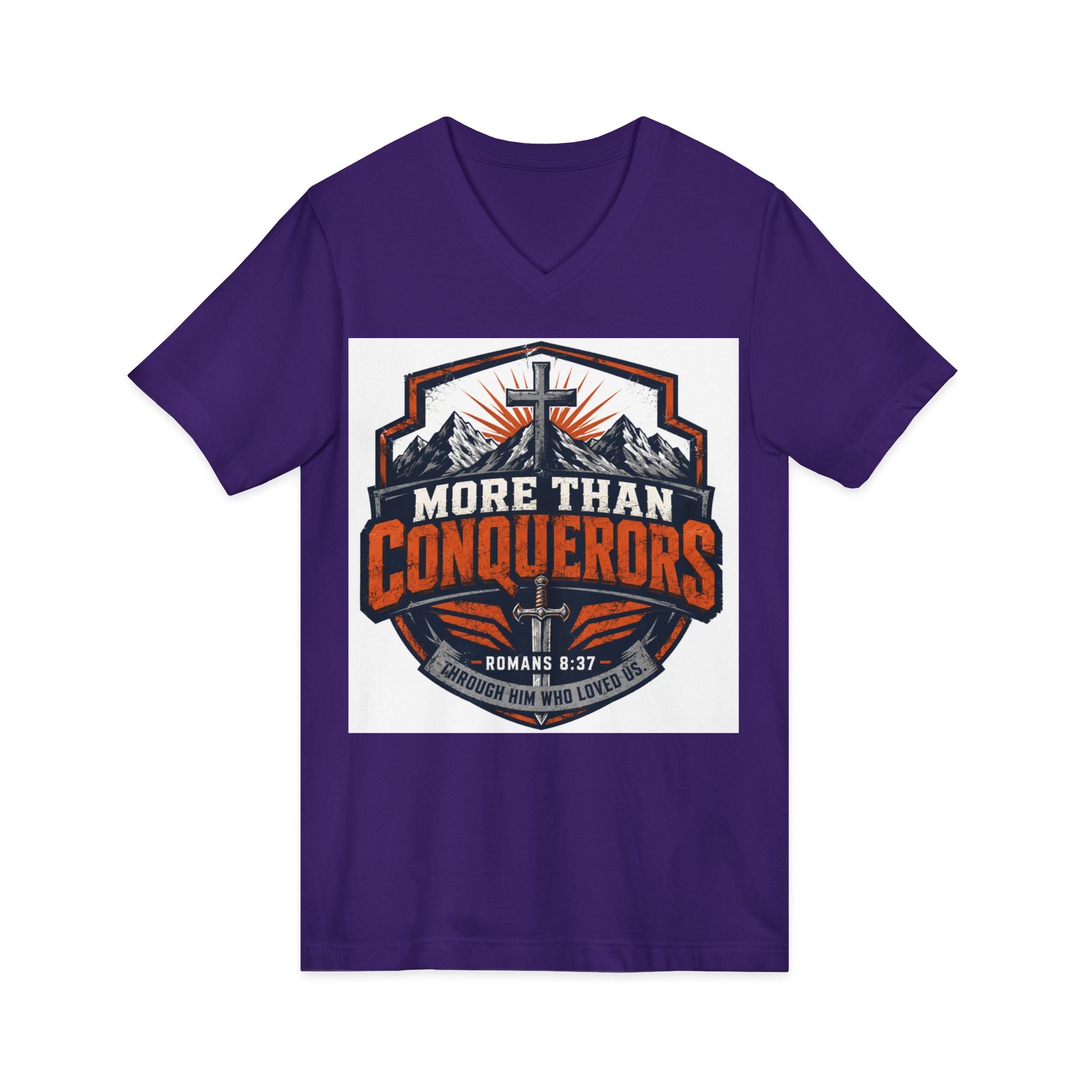 More Than Conquerors V-Neck Tee — Christian Faith Graphic Shirt (Romans 8:37)