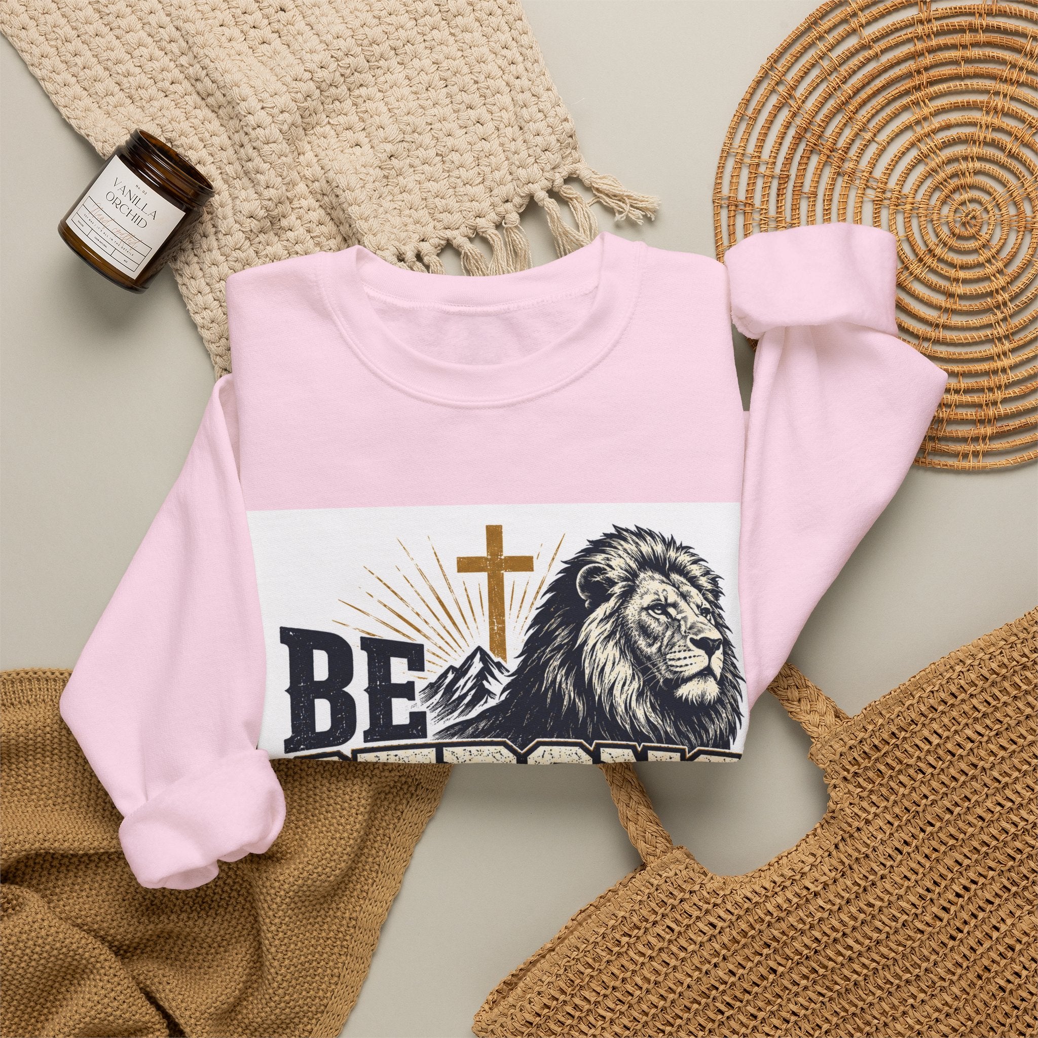 Be Strong and Courageous Crewneck Sweatshirt — Joshua 1:9 Lion & Cross Christian Pullover