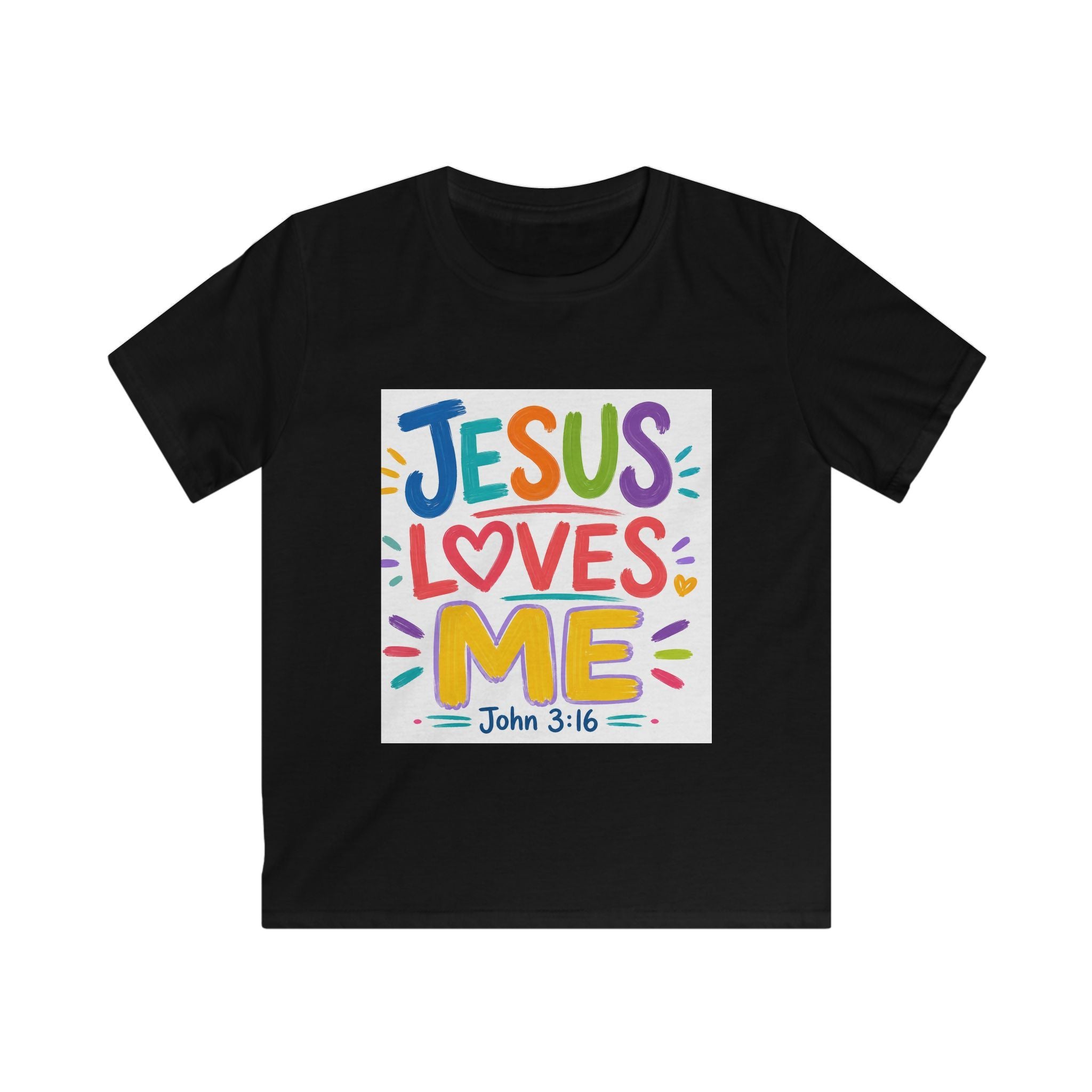 Kids Tee — "Jesus Loves Me" Colorful Scripture T‑Shirt (John 3:16)