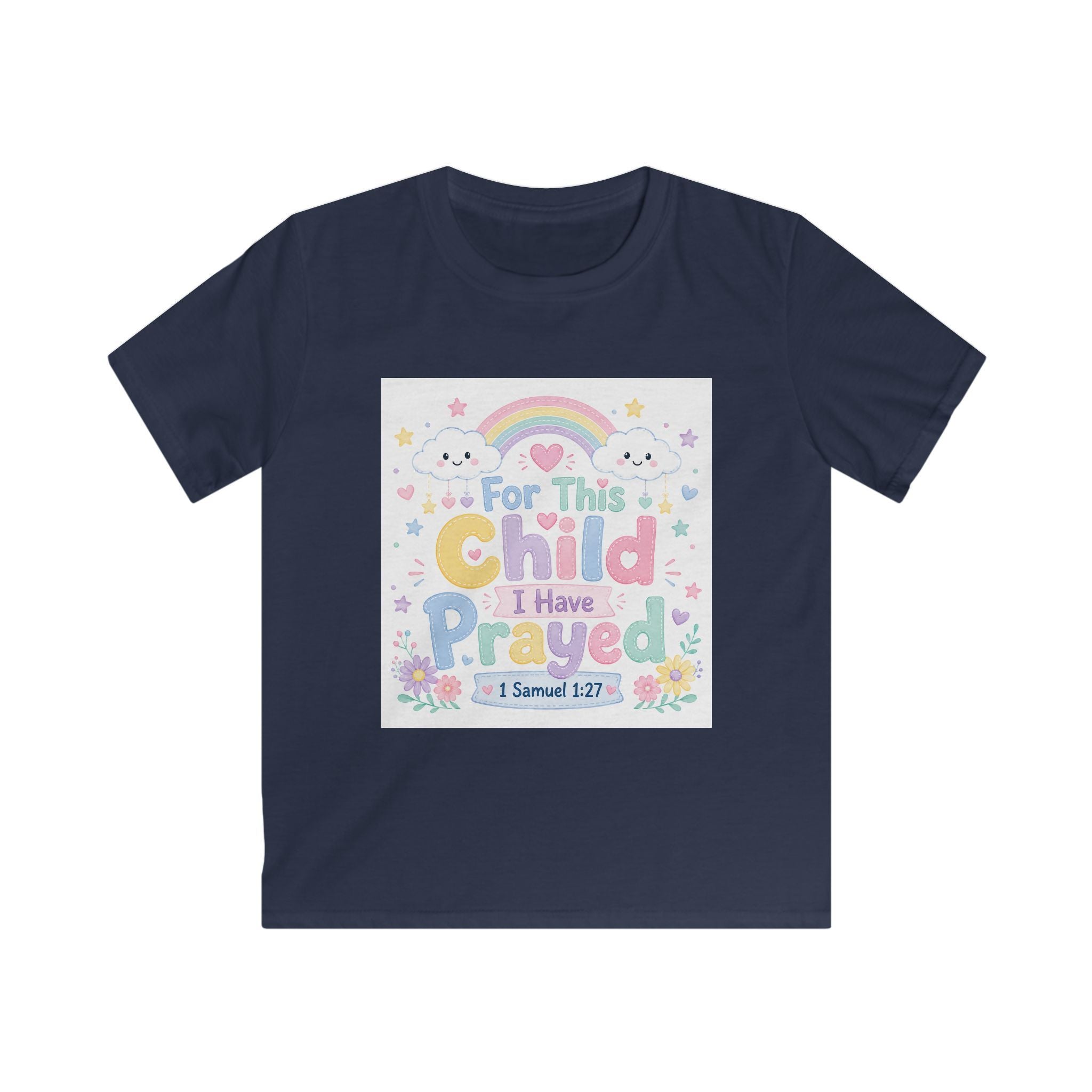 Kids Tee — "For This Child I Have Prayed" Pastel Rainbow Christian Shirt (1 Samuel 1:27)