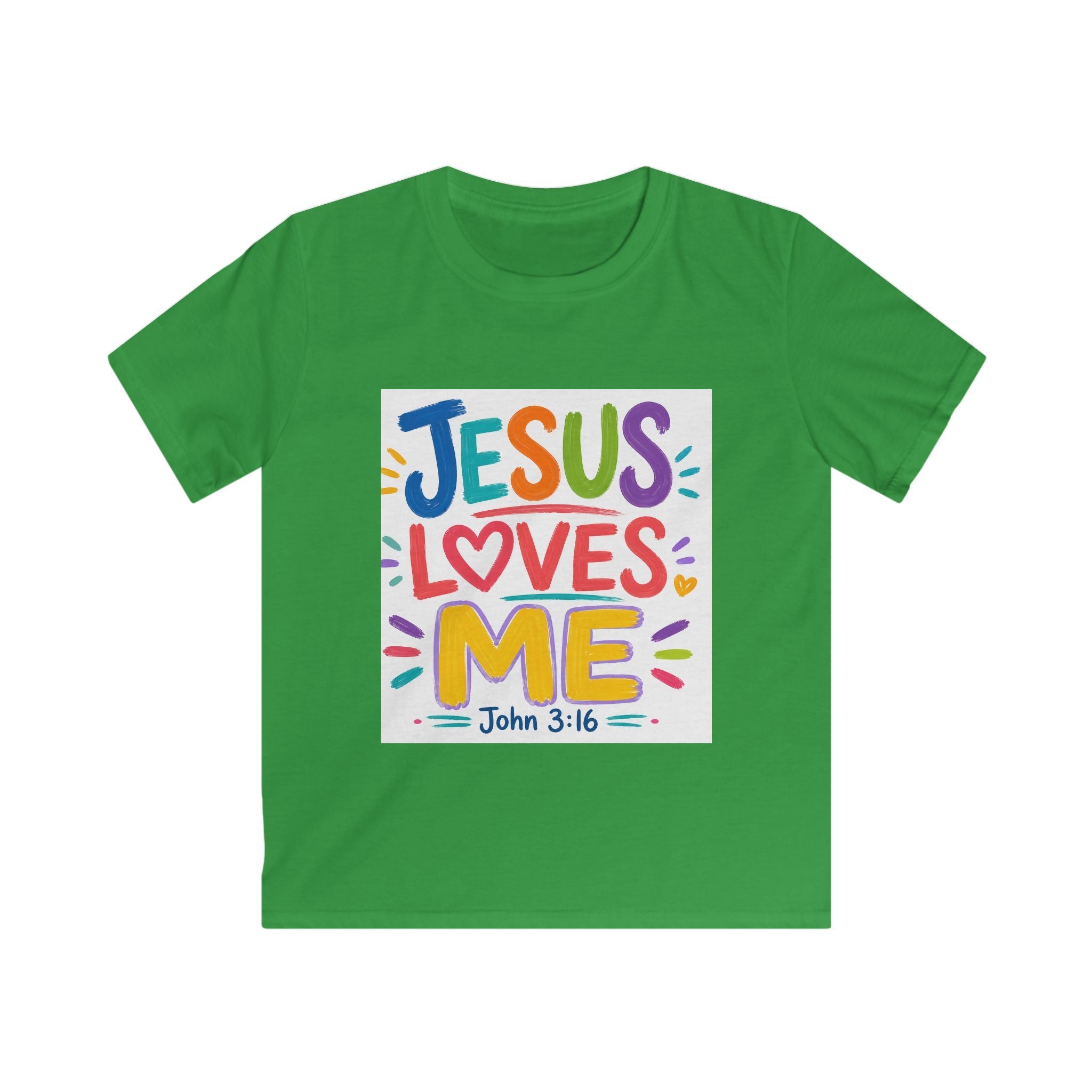 Kids Tee — "Jesus Loves Me" Colorful Scripture T‑Shirt (John 3:16)