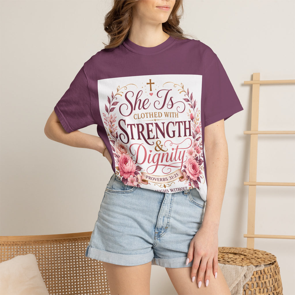 She Is Clothed With Strength & Dignity T-Shirt — Proverbs 31 Floral Christian Tee