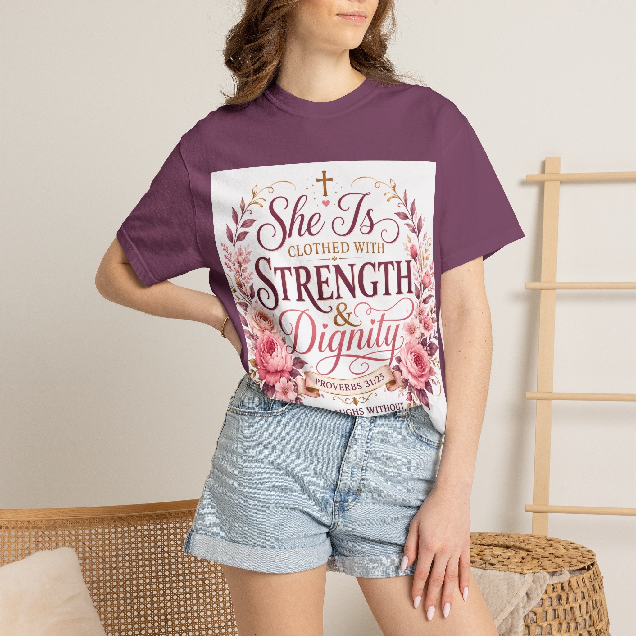 She Is Clothed With Strength & Dignity T-Shirt — Proverbs 31 Floral Christian Tee