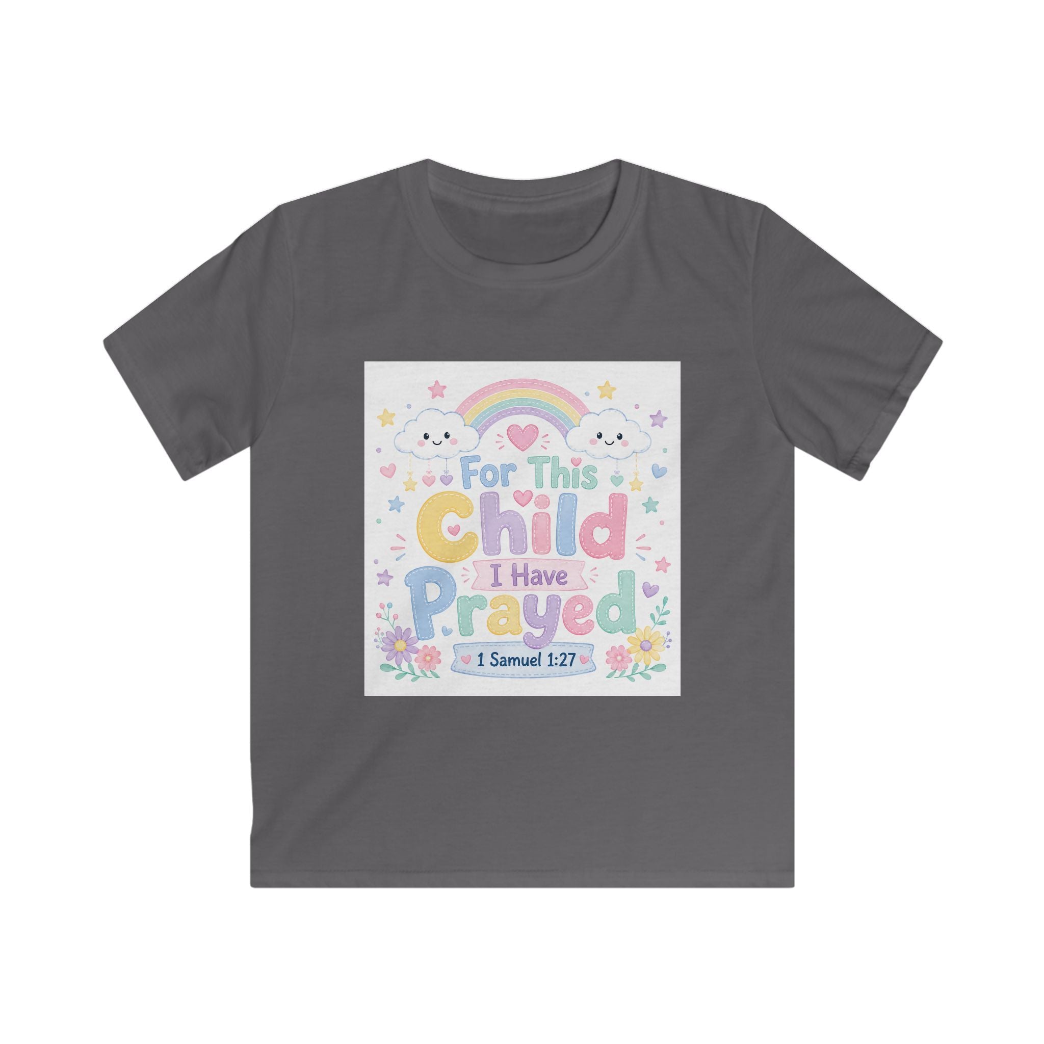 Kids Tee — "For This Child I Have Prayed" Pastel Rainbow Christian Shirt (1 Samuel 1:27)