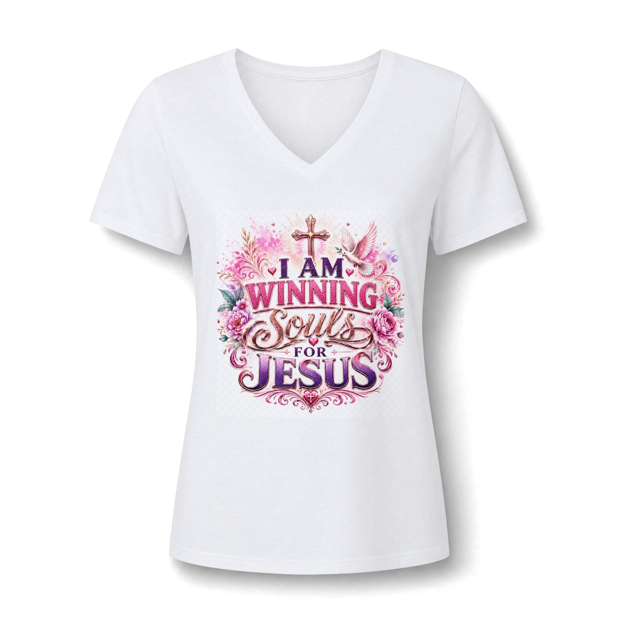 Christian V-Neck Tee — "I Am Winning Souls for Jesus" Floral Design