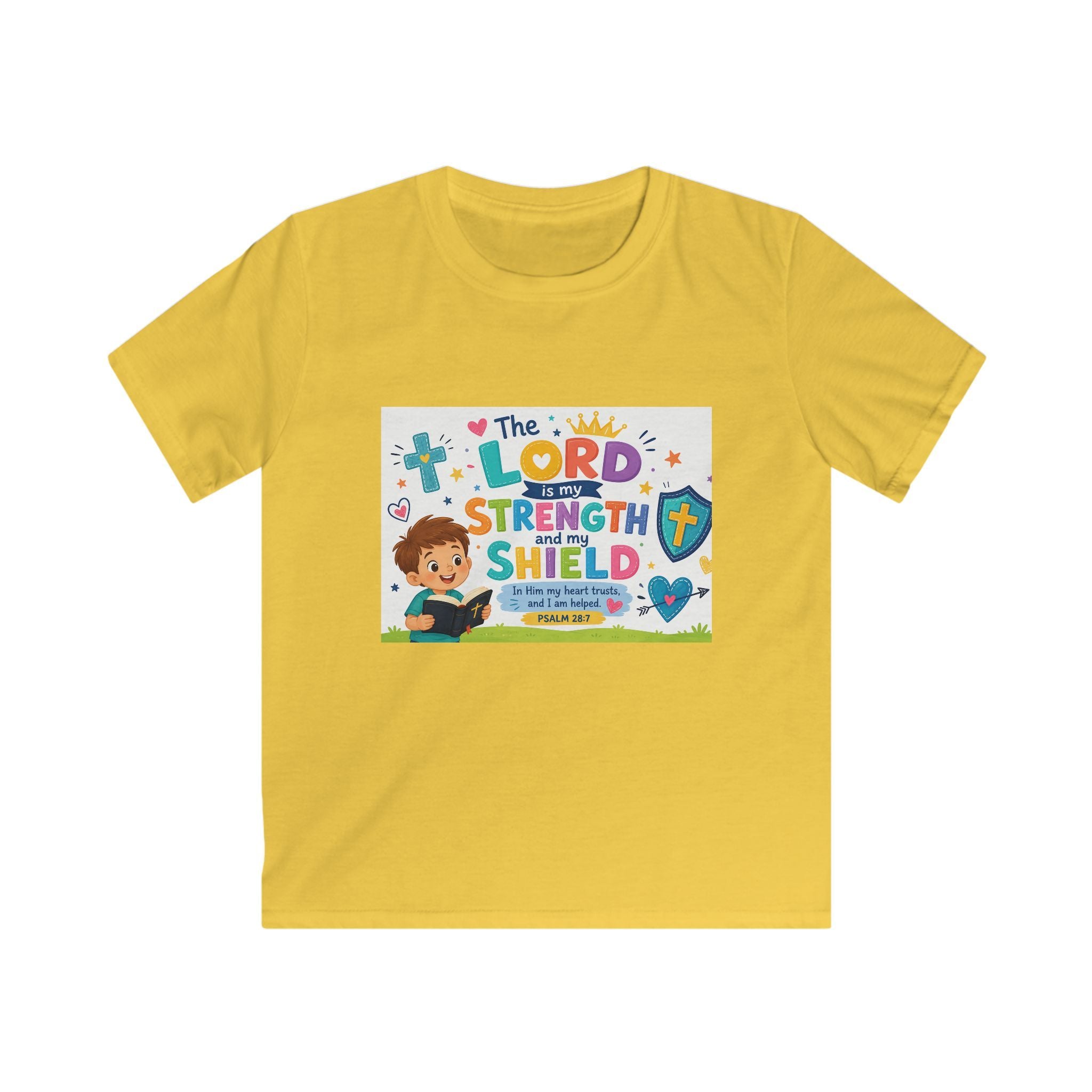Kids Tee — "The LORD is My Strength and Shield" Christian Bible Verse Shirt