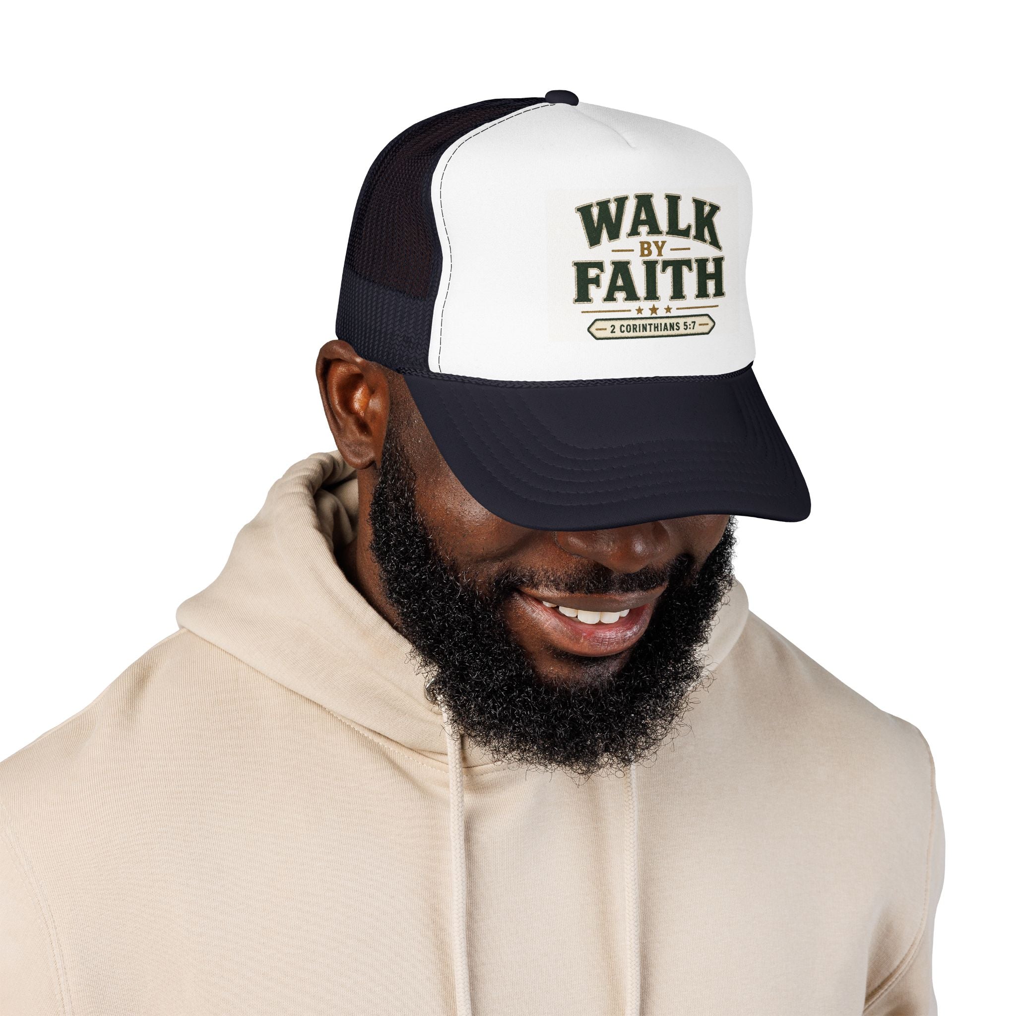 Walk By Faith Foam Trucker Hat — 2 Corinthians 5:7 Christian Cap