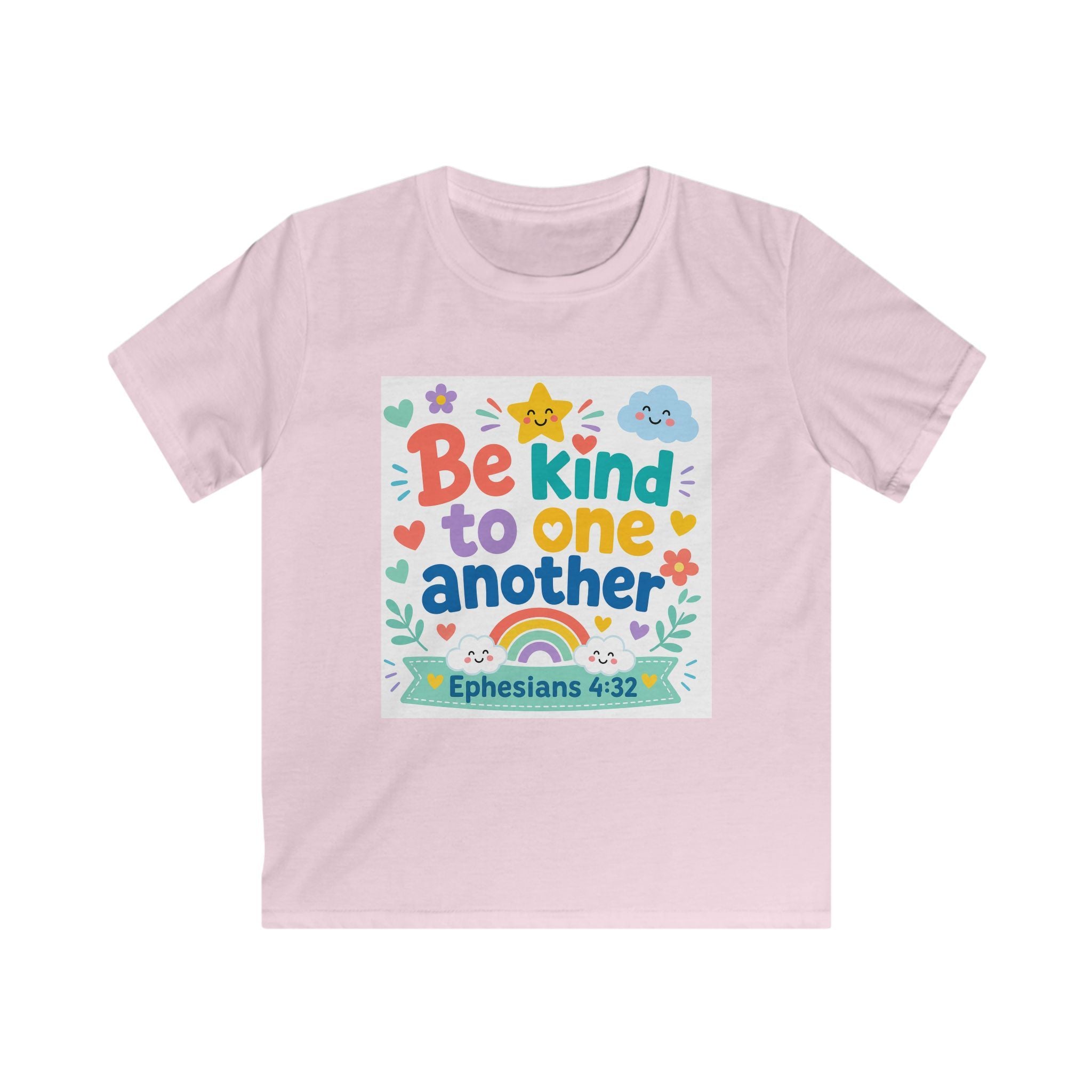 Kids Tee — “Be Kind to One Another” Ephesians 4:32 Christian Rainbow Shirt