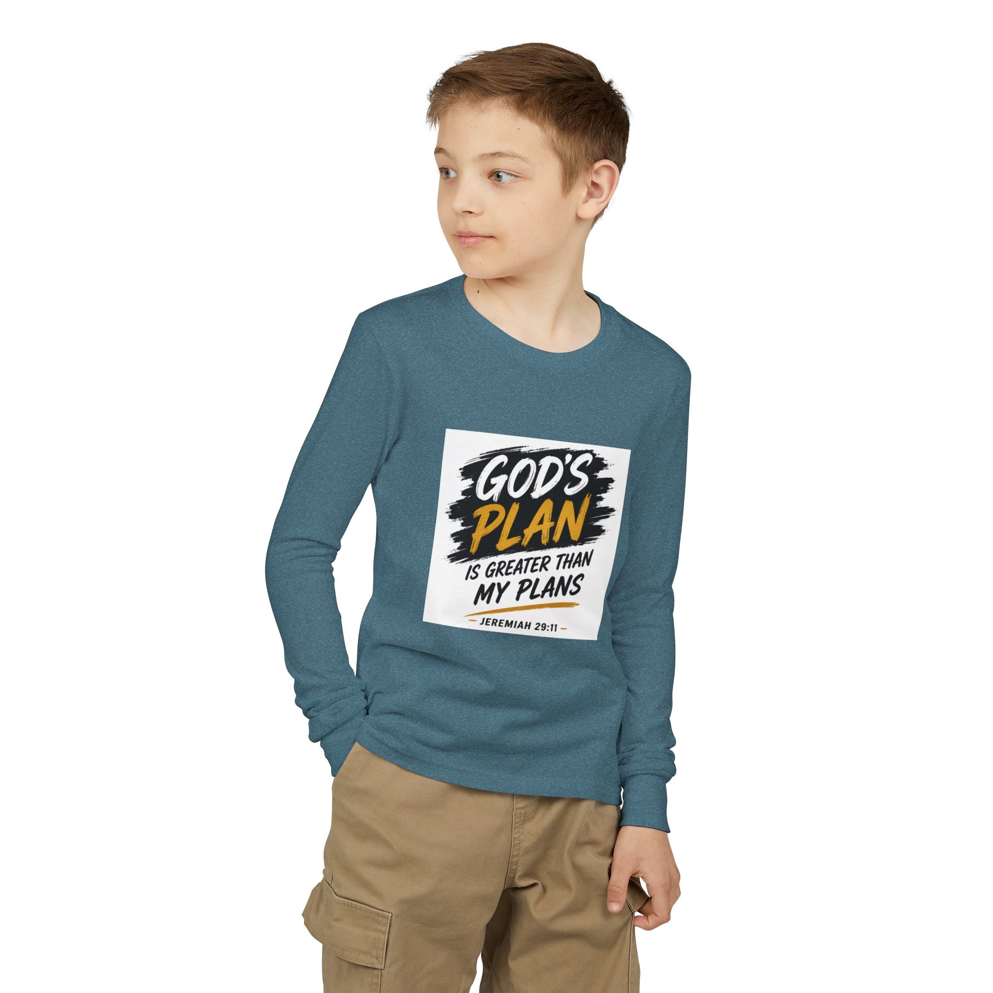 God's Plan Youth Long Sleeve Tee — "God's Plan Is Greater Than My Plans" Christian Kids Shirt