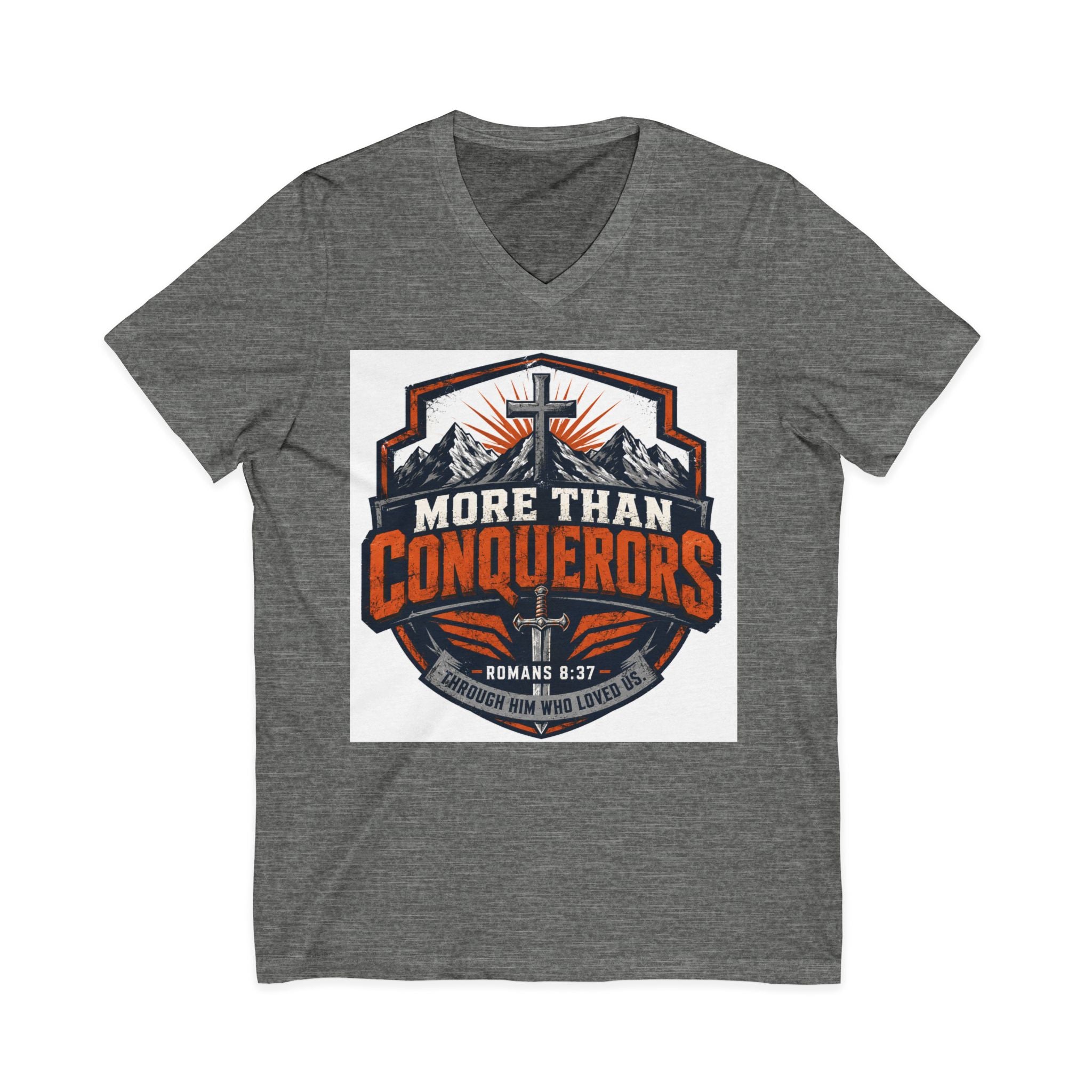 More Than Conquerors V-Neck Tee — Christian Faith Graphic Shirt (Romans 8:37)
