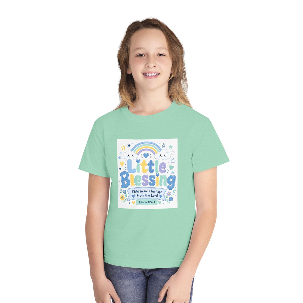 Youth Tee - "Little Blessing" Kids Shirt with Rainbow & Psalm 127:3 Design