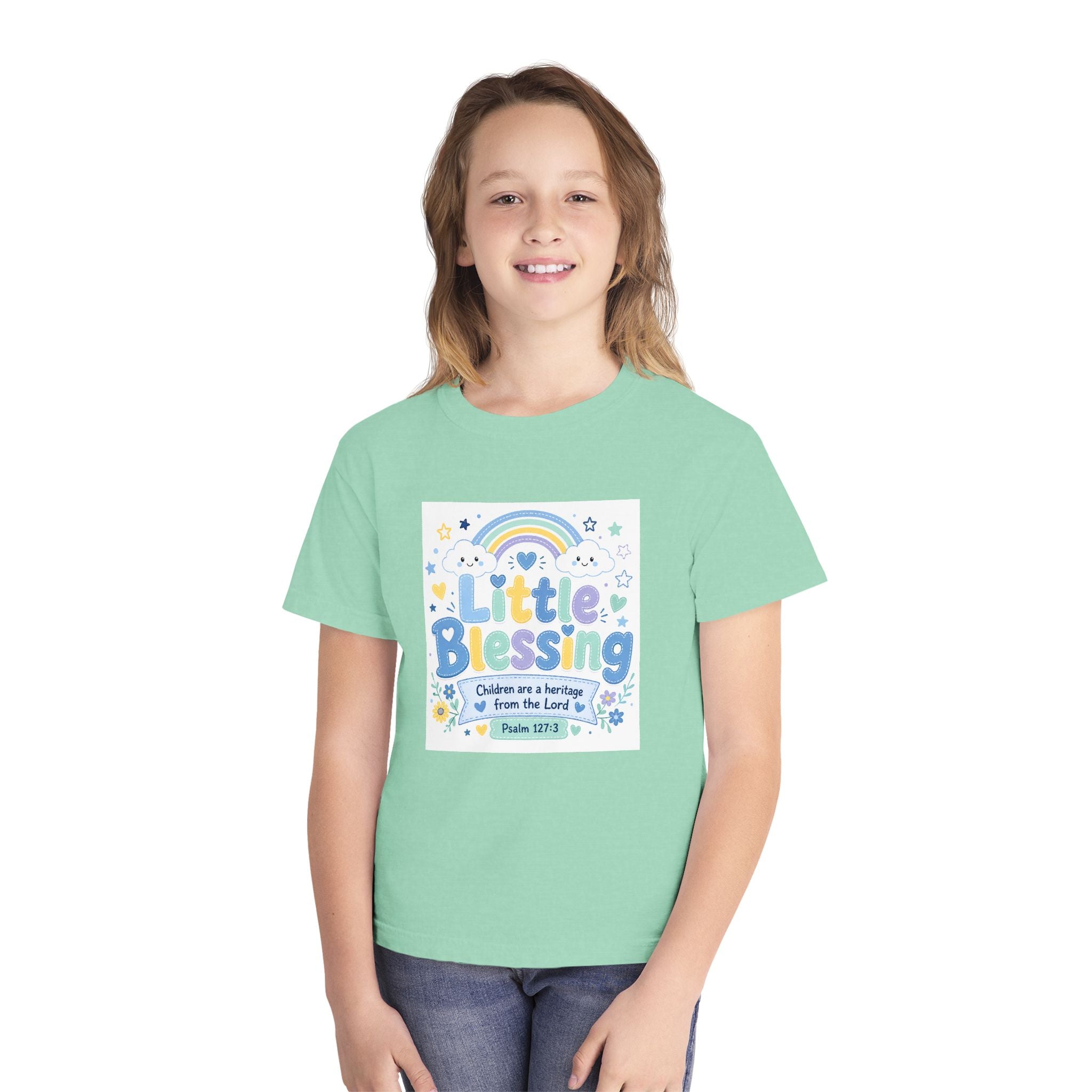 Youth Tee - "Little Blessing" Kids Shirt with Rainbow & Psalm 127:3 Design