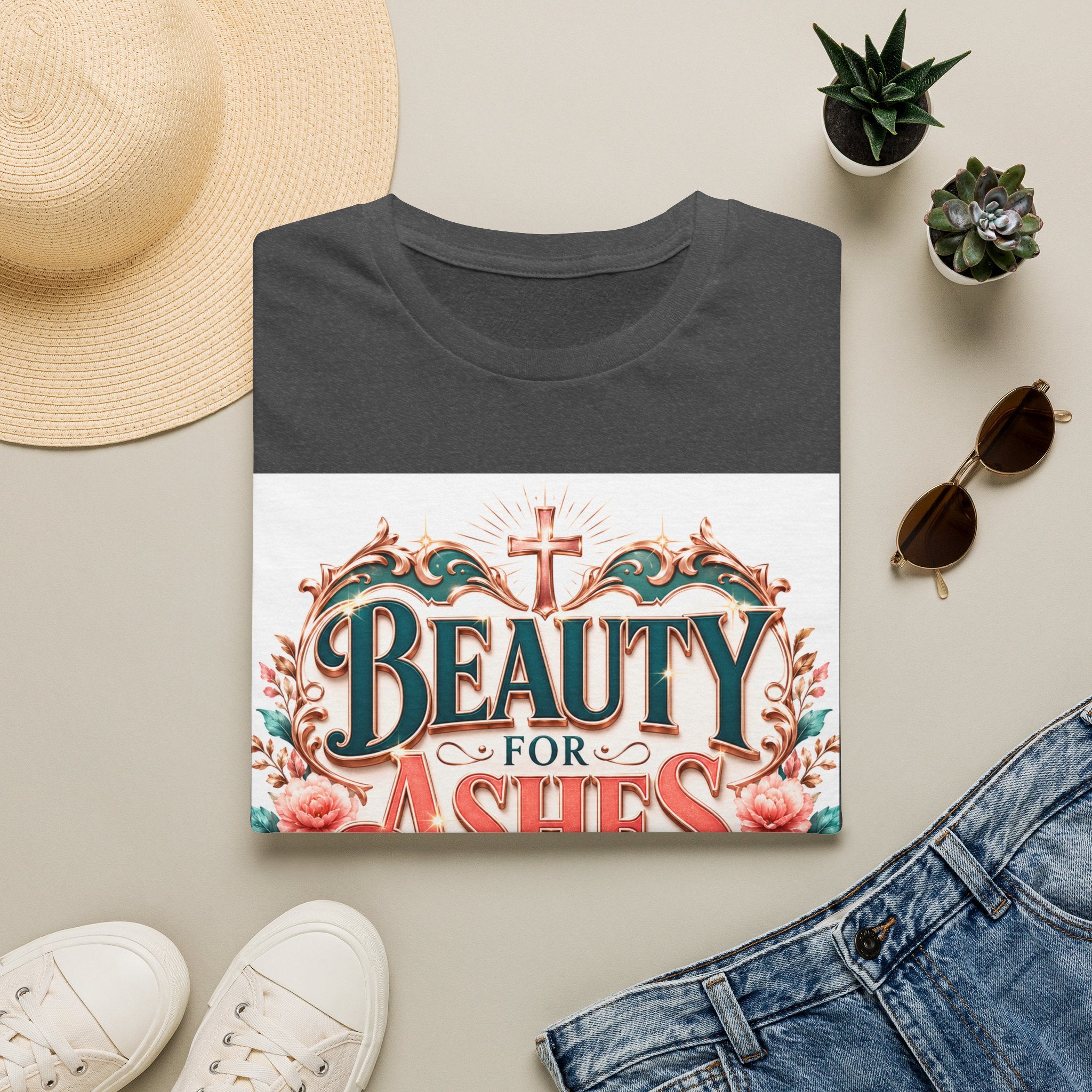 Beauty for Ashes T-Shirt — Christian Faith Floral Tee (Joy for Mourning)