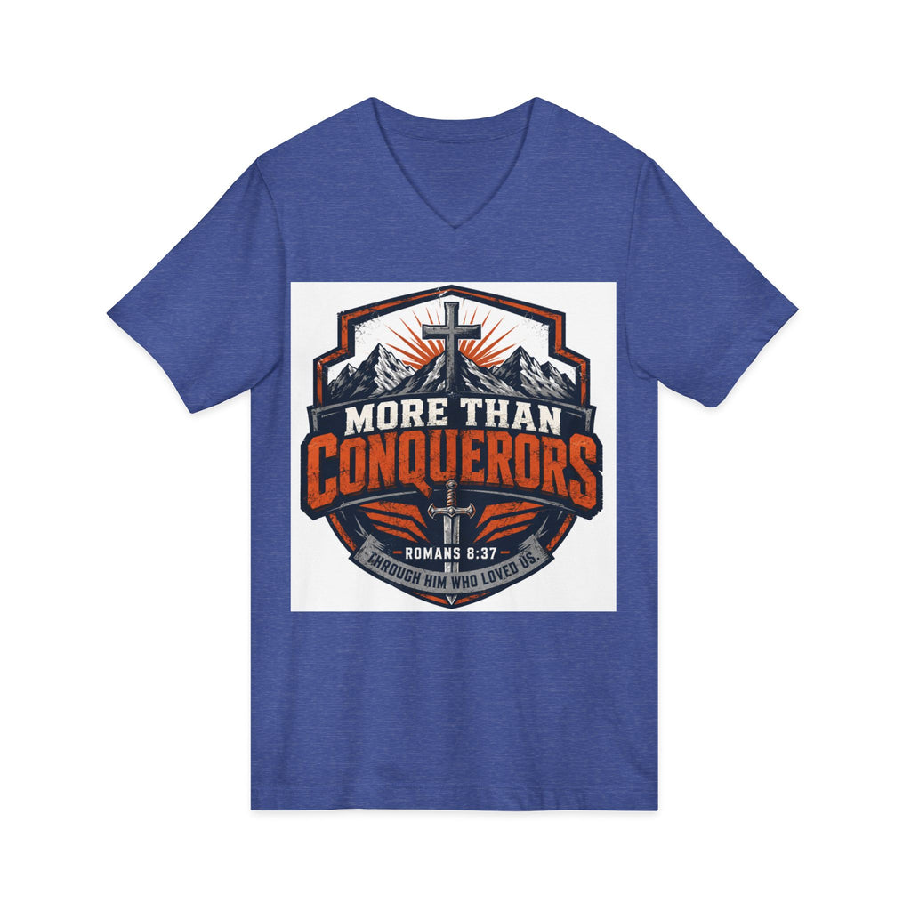 More Than Conquerors V-Neck Tee — Christian Faith Graphic Shirt (Romans 8:37)