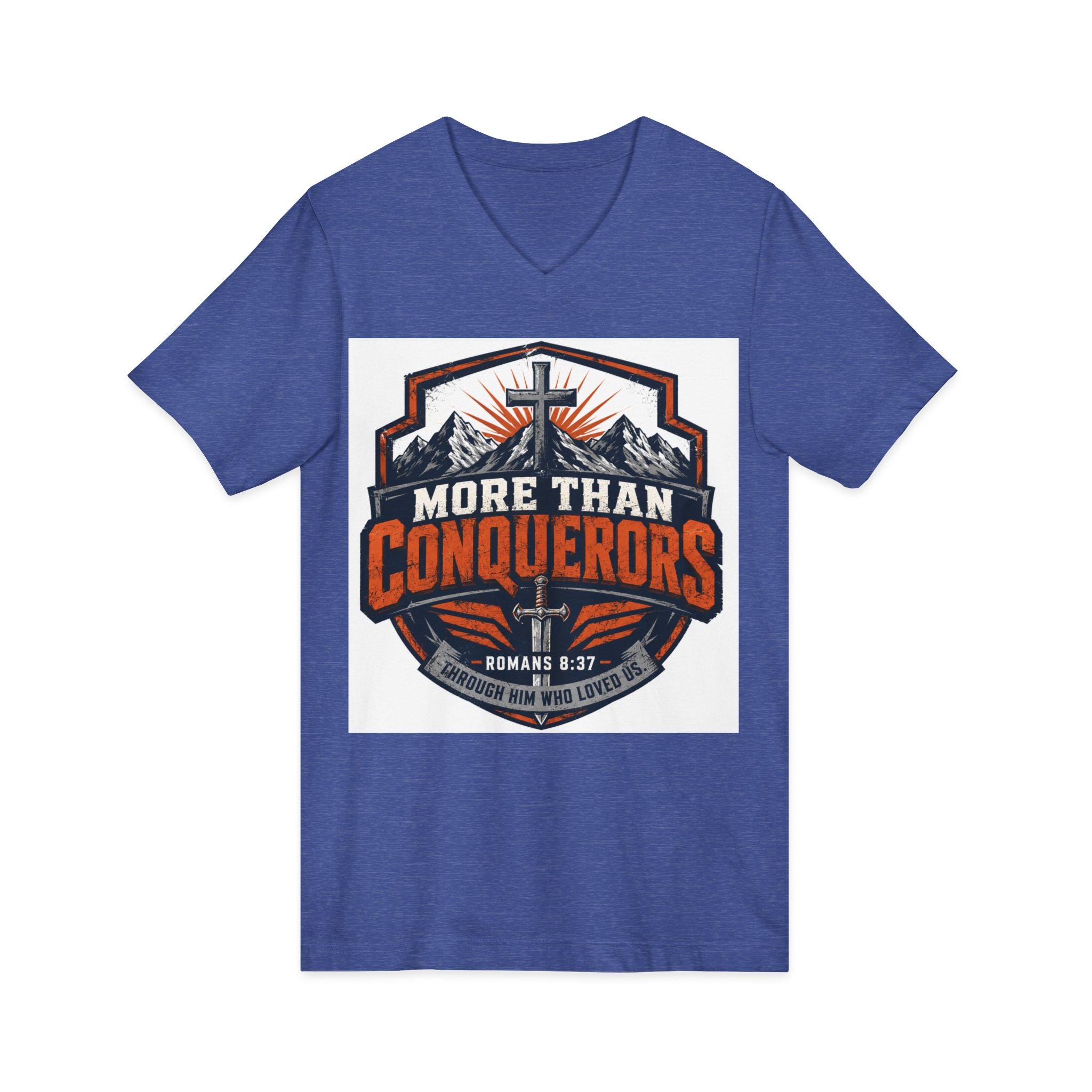 More Than Conquerors V-Neck Tee — Christian Faith Graphic Shirt (Romans 8:37)
