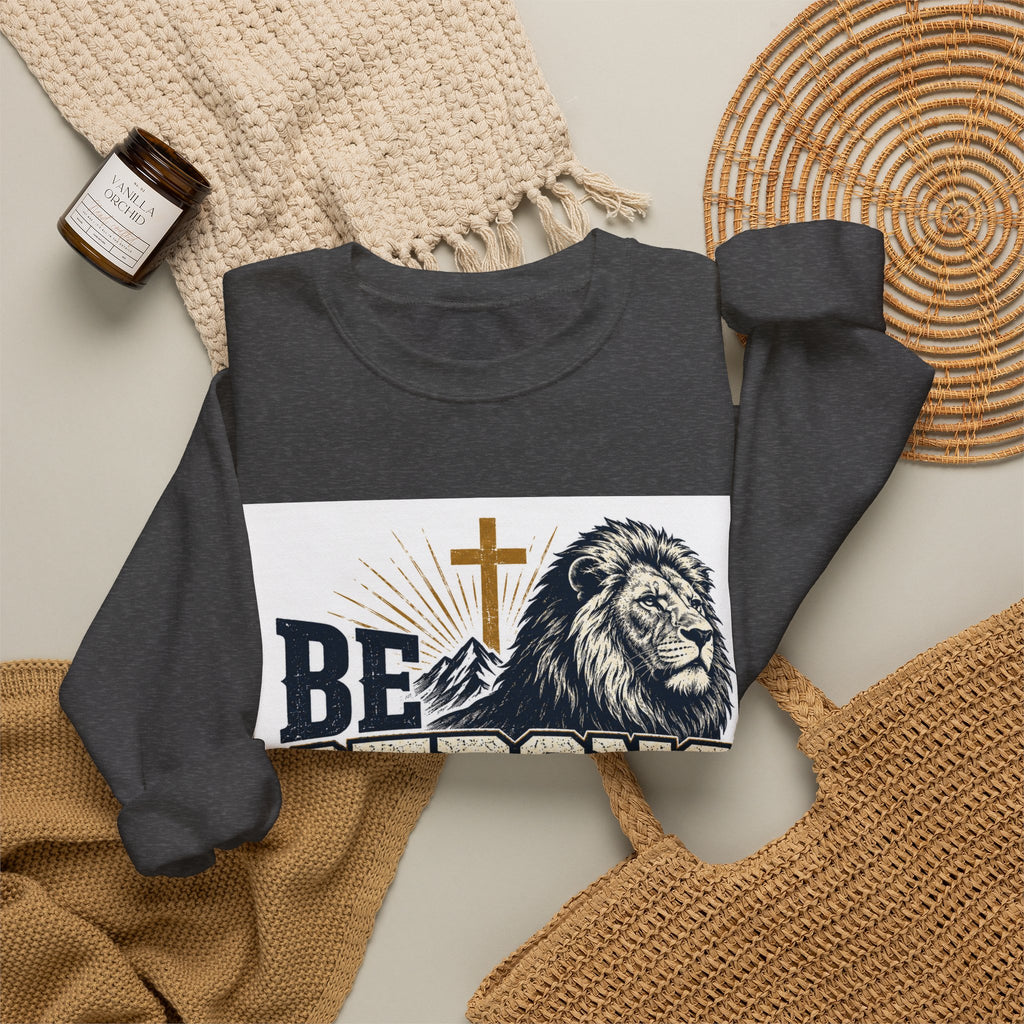 Be Strong and Courageous Crewneck Sweatshirt — Joshua 1:9 Lion & Cross Christian Pullover